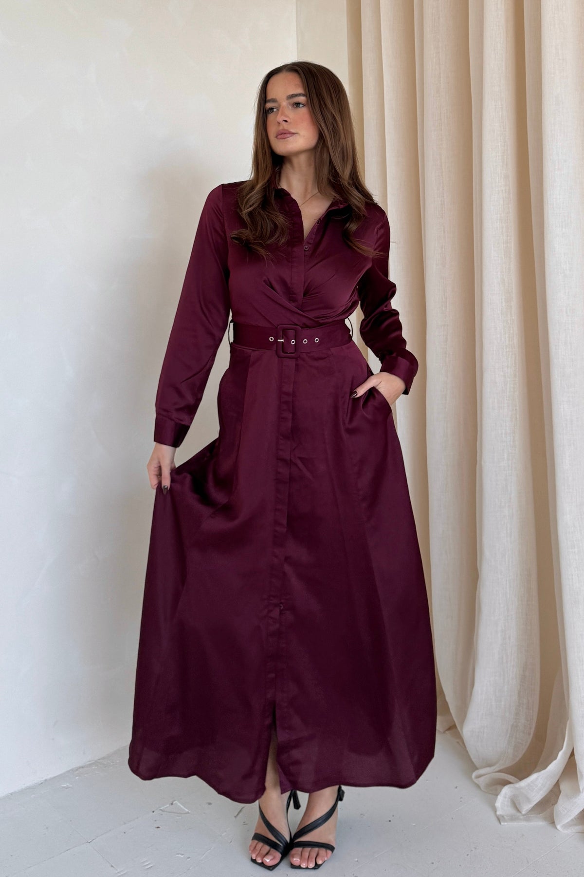 Kira Wrap Detail Maxi Shirt Dress Wine