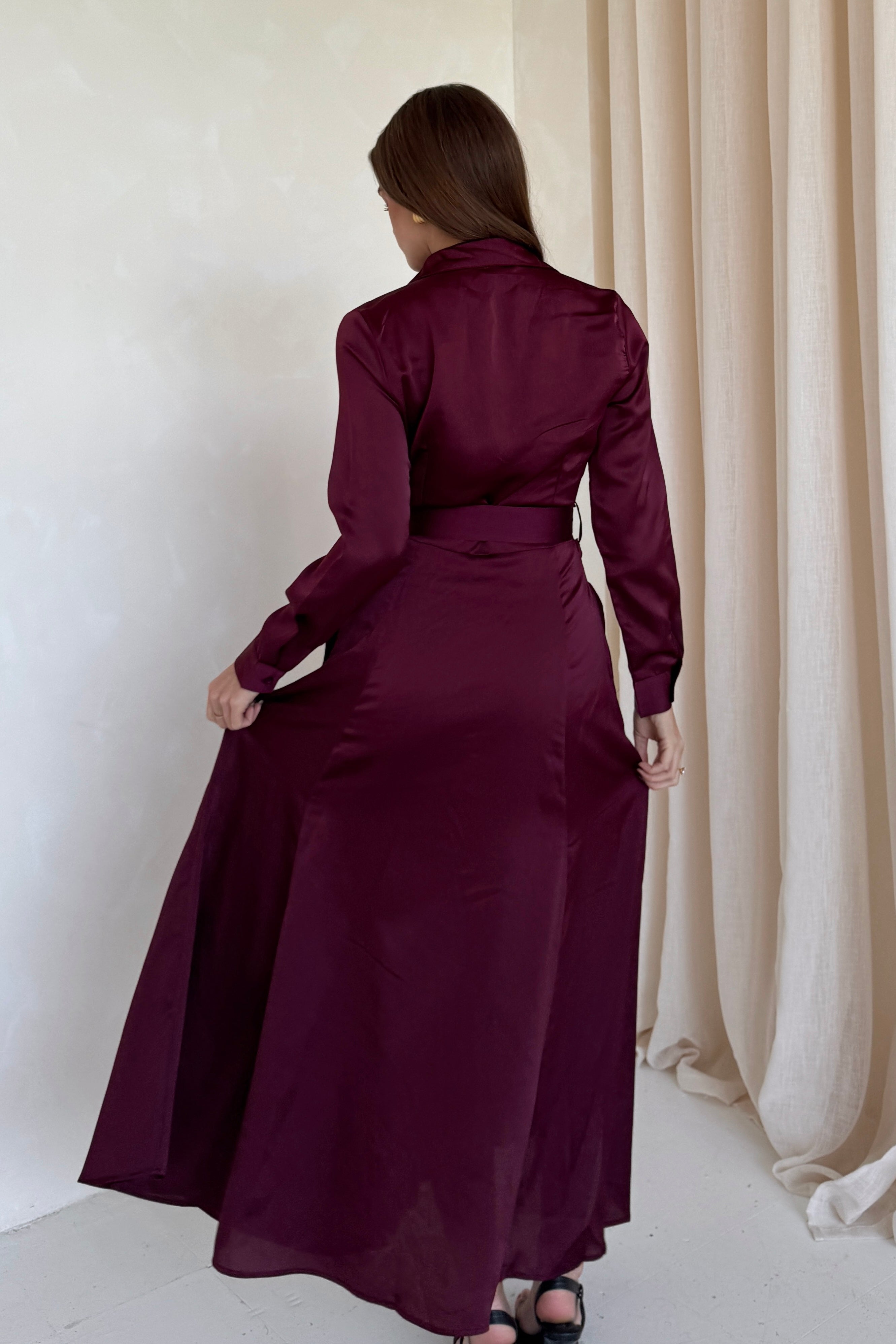 Kira Wrap Detail Maxi Shirt Dress Wine