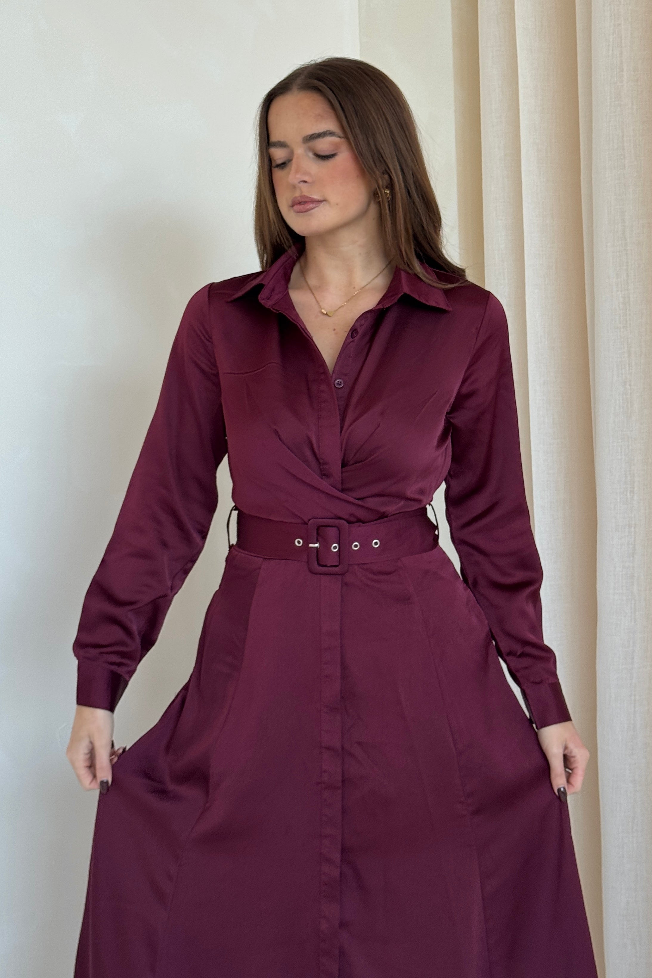 Kira Wrap Detail Maxi Shirt Dress Wine