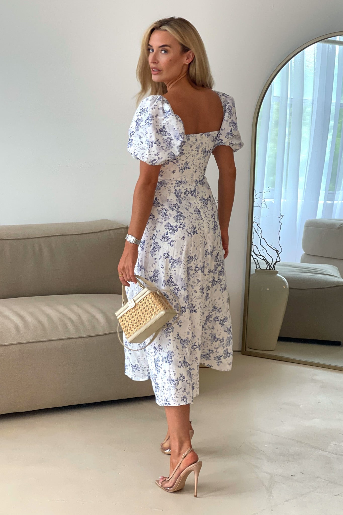 Jemima Square Neck Midi Dress Blue Floral