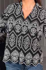 Kate Black and White Cotton Broidery V Neck Blouse