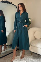 Grace Buckle Detail Emerald Midi Shirt Dress