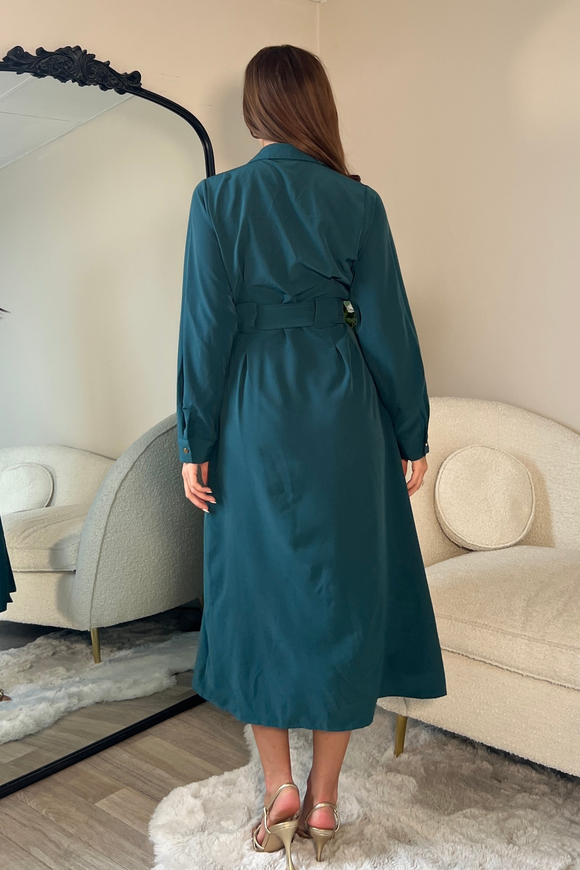 Grace Buckle Detail Emerald Midi Shirt Dress