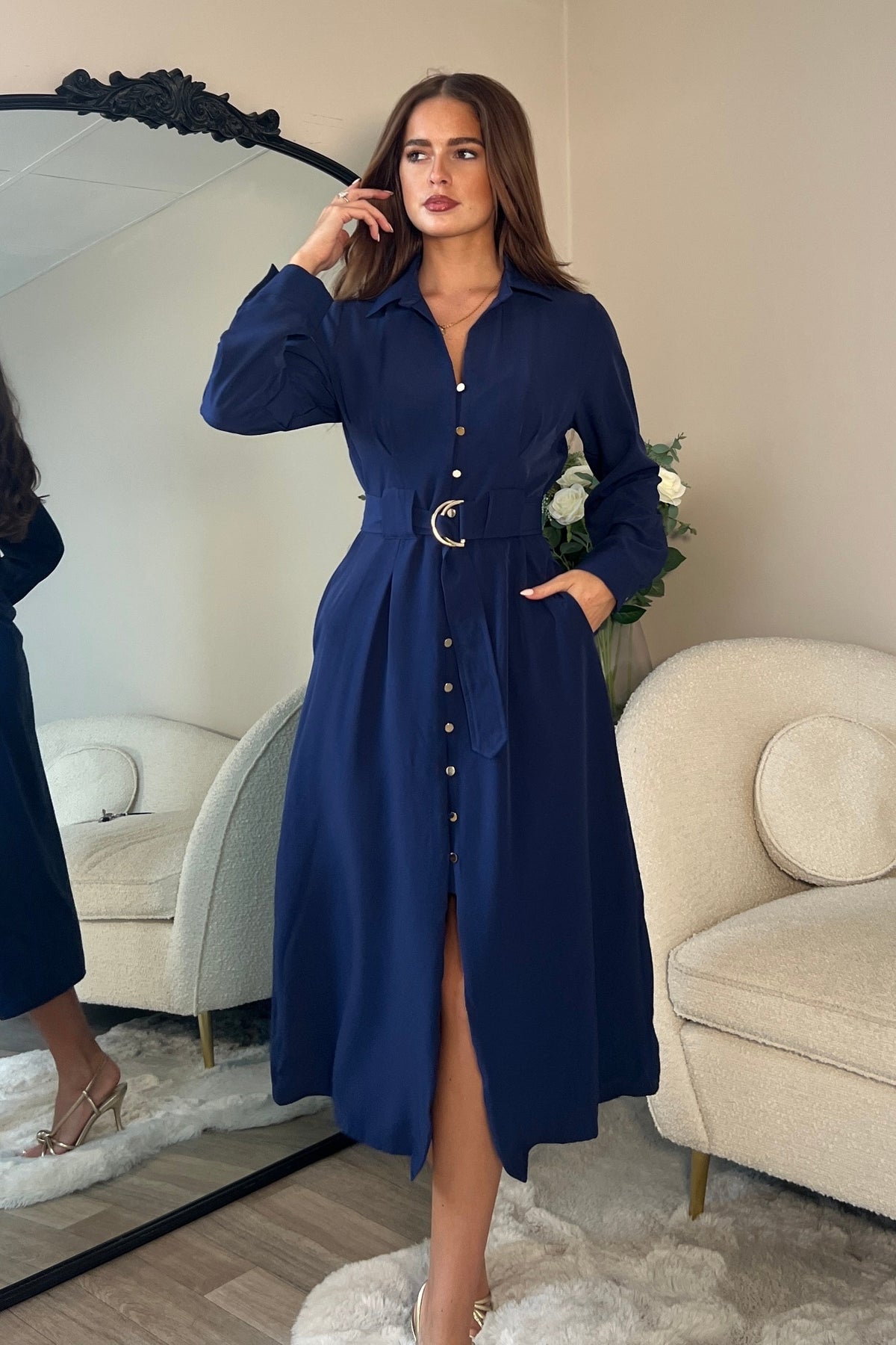 Grace Buckle Detail Navy Midi Shirt Dress