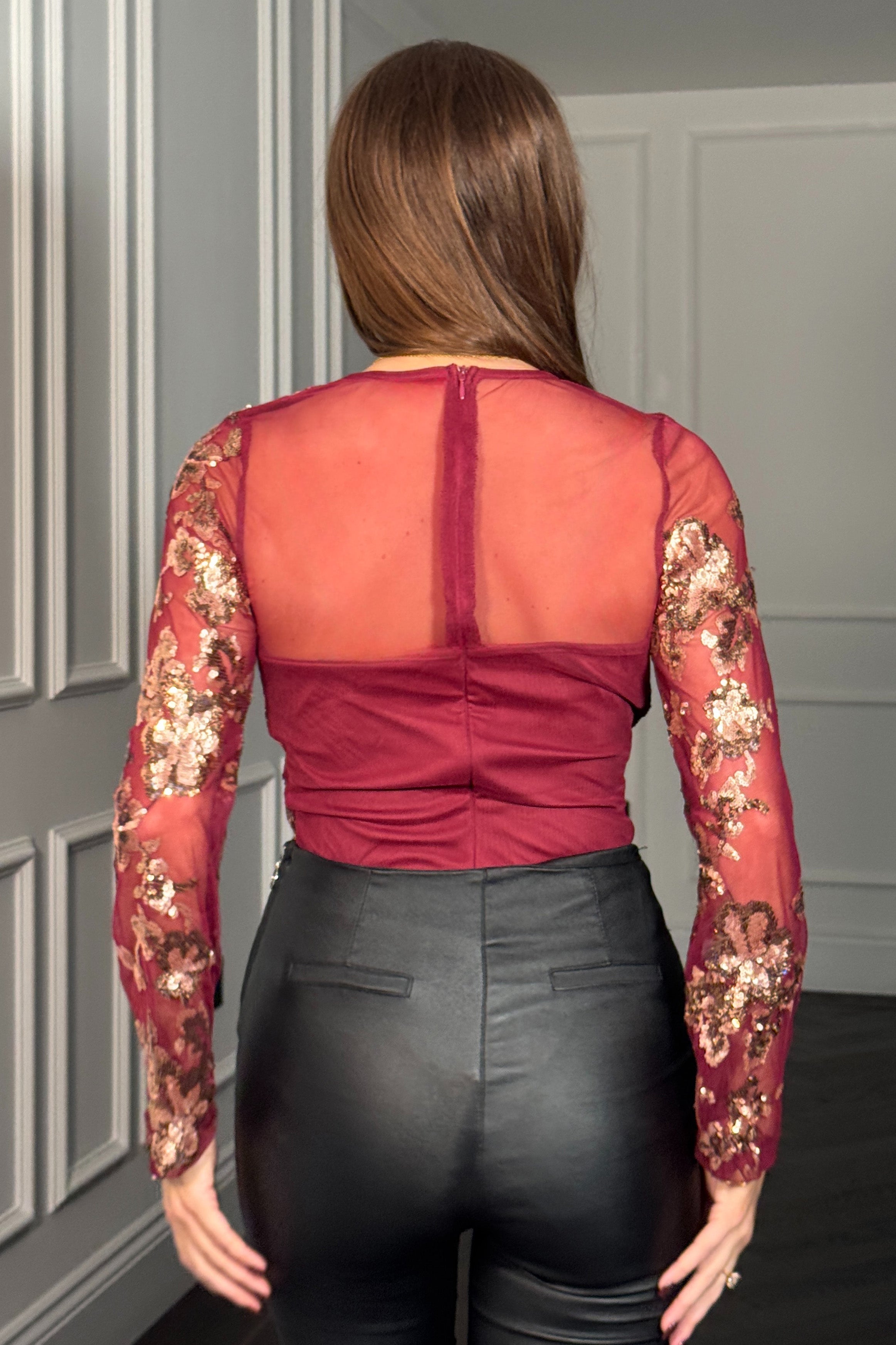 Eva Floral Sequin Bodysuit In Wine