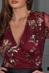Eva Floral Sequin Bodysuit In Wine