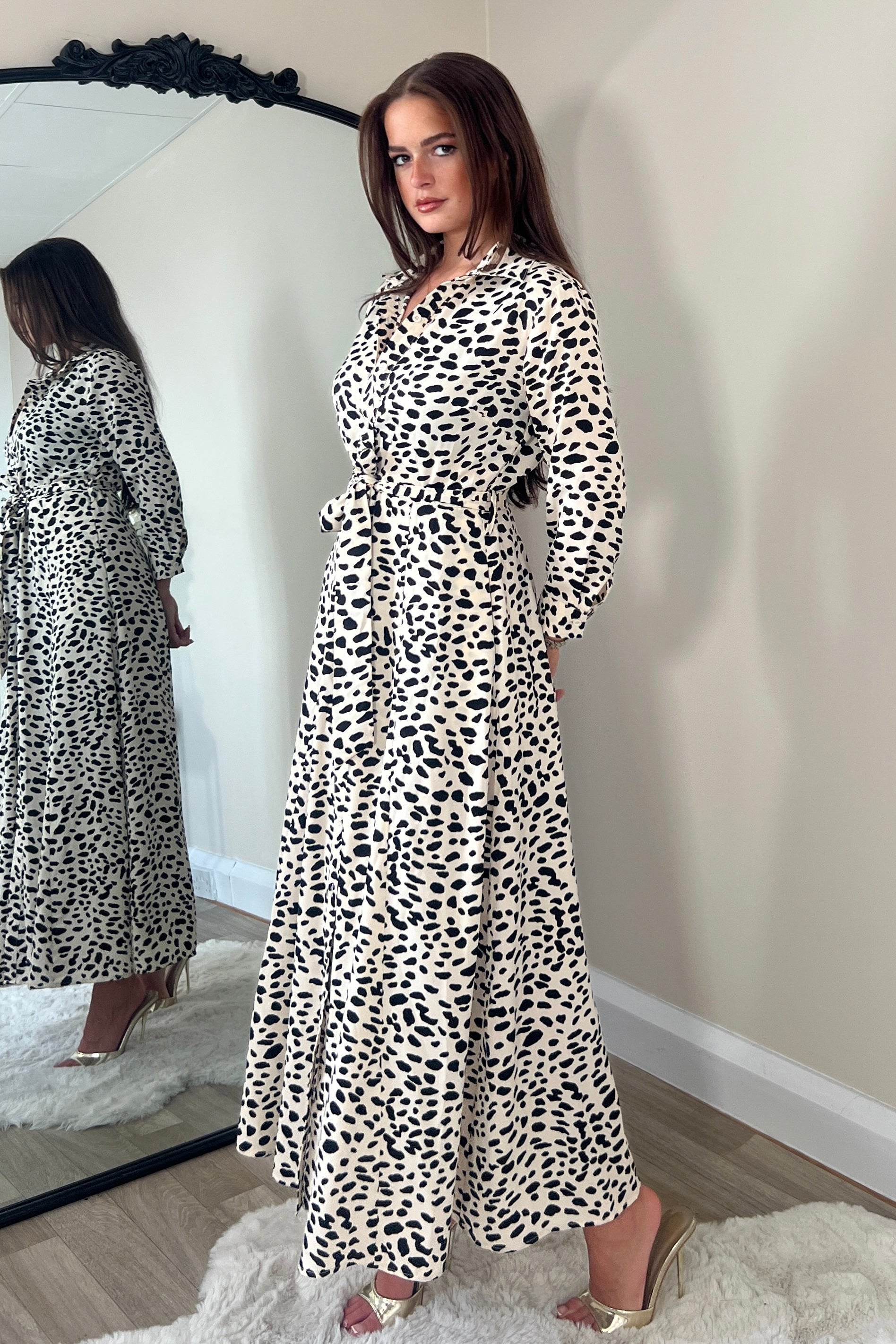 Angela Neutral Animal Print Shirt Maxi Dress