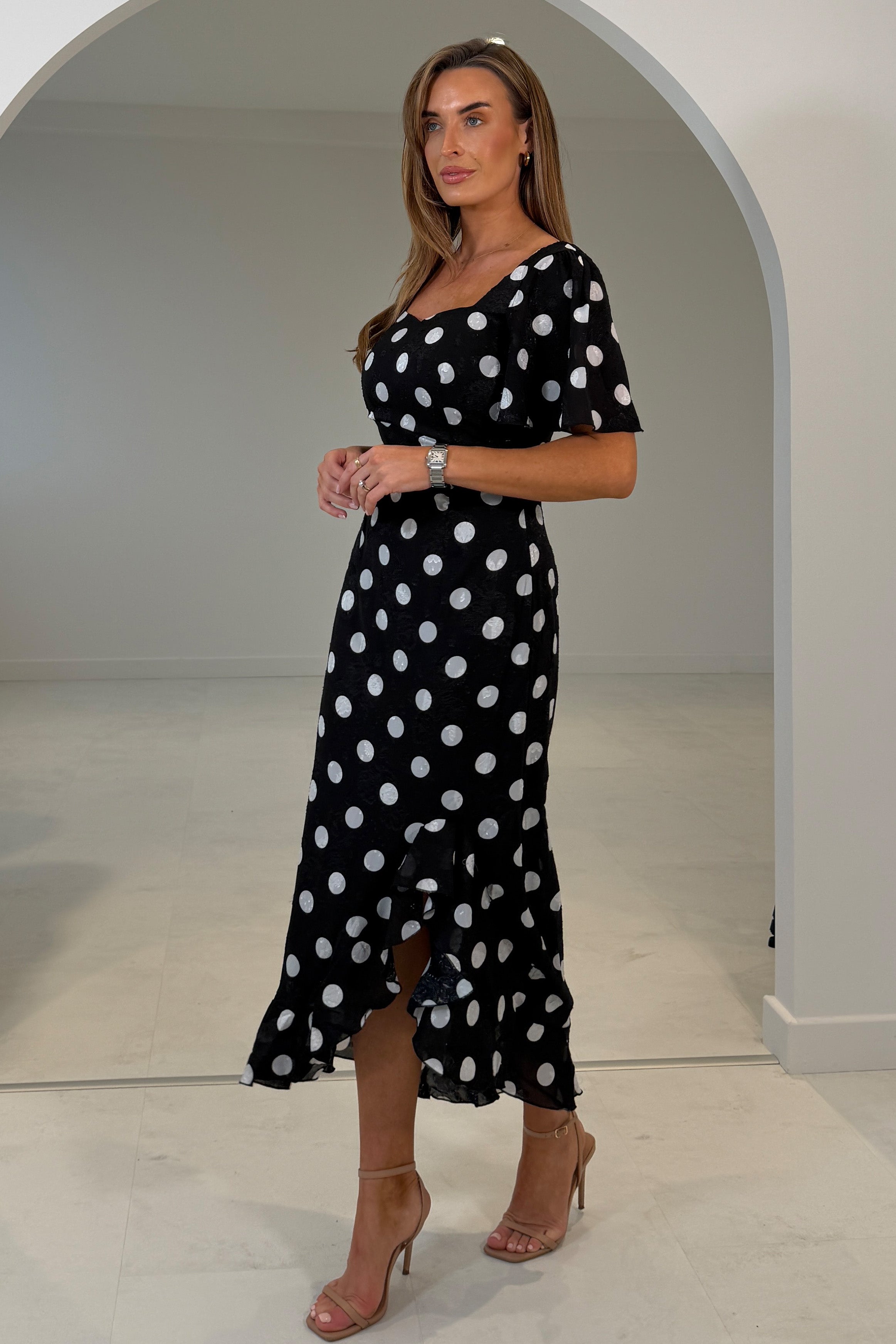 Heidi Spot Burnout Ruched Midi Dress