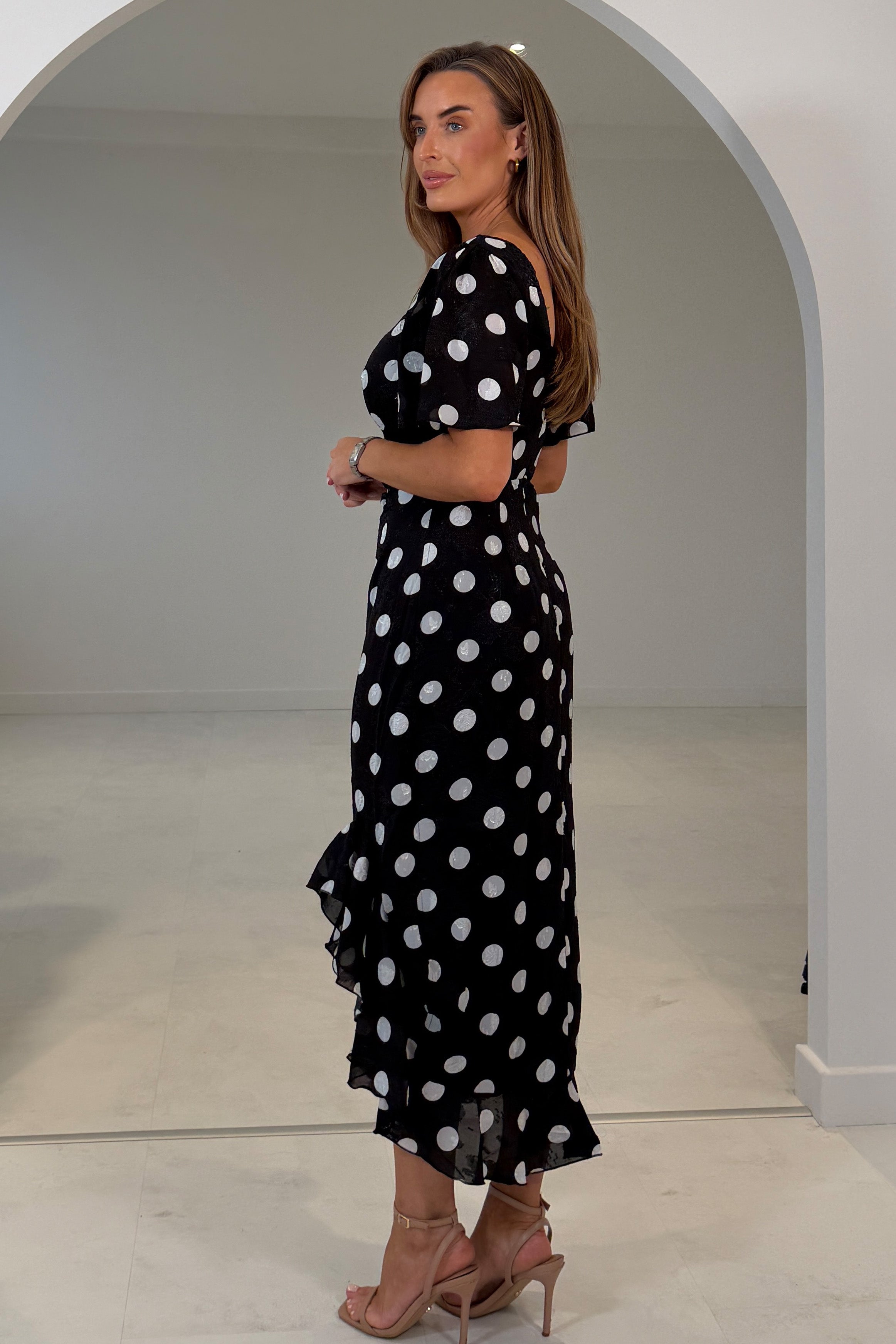 Heidi Spot Burnout Ruched Midi Dress
