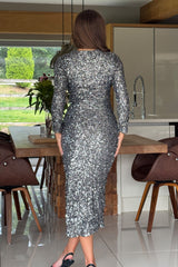 Celia Silver Sequin Wrap Midi Dress