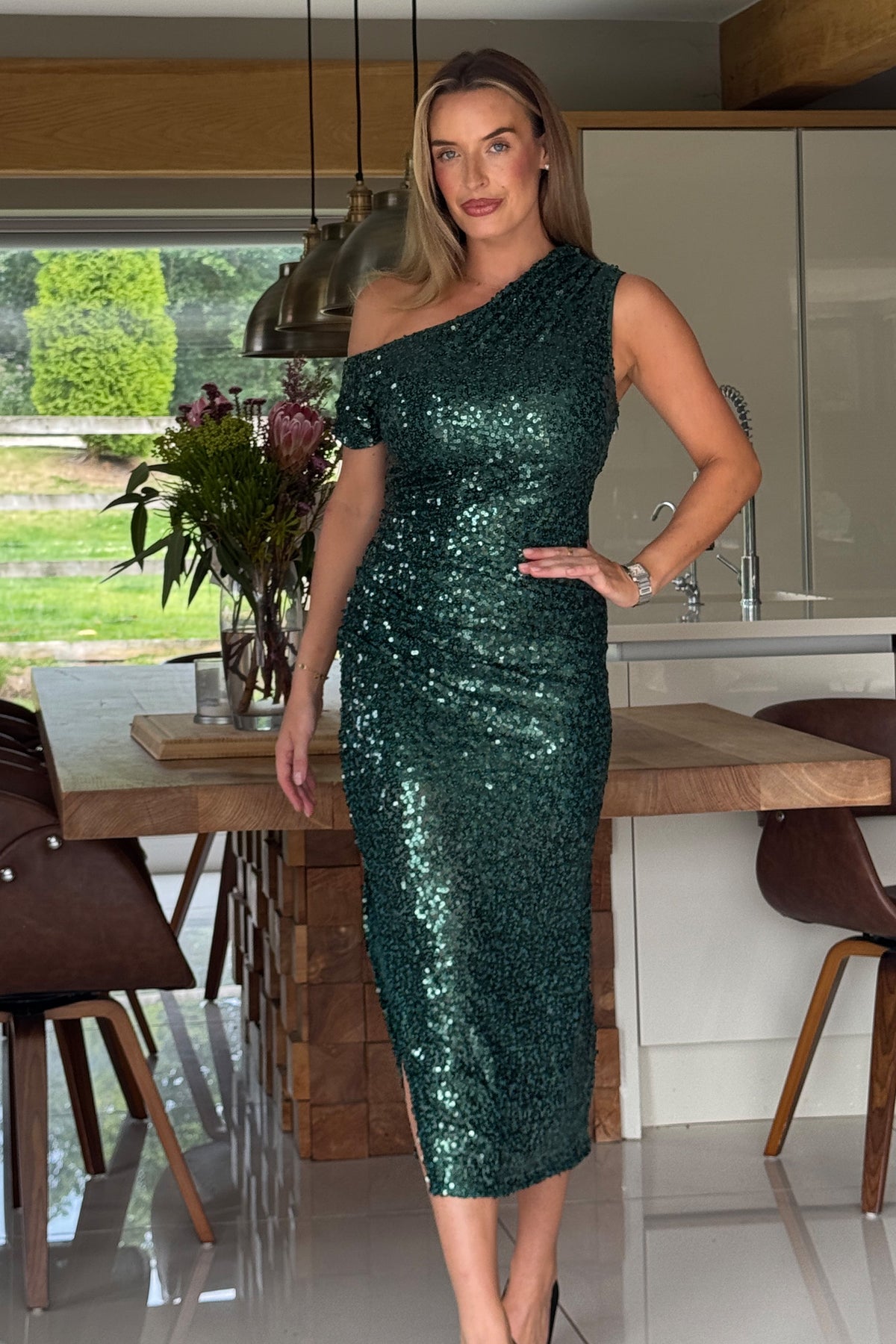 Donna Asymmetric Green Sequin Maxi Dress
