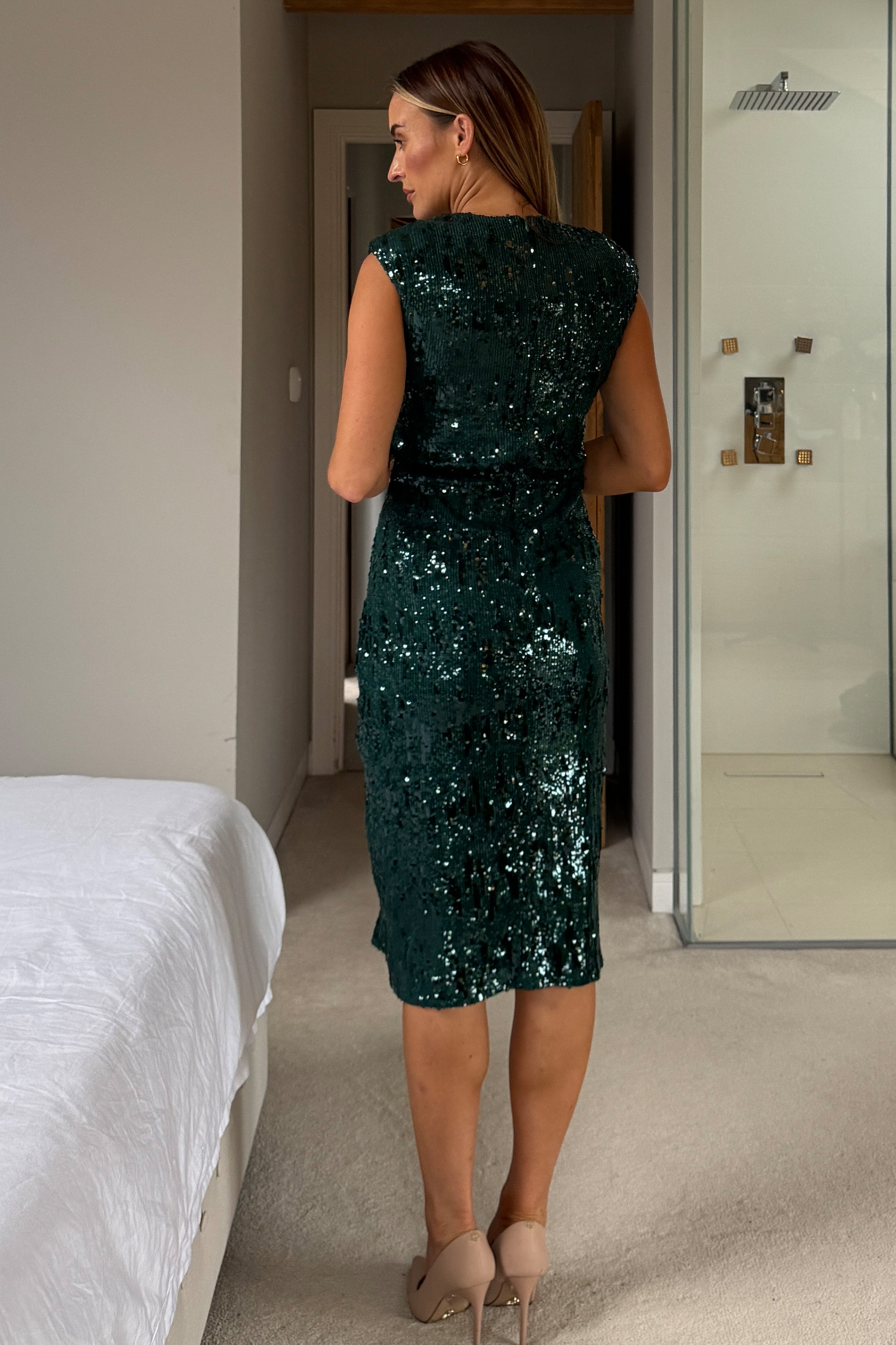 Estelle Green Sequin Ruched Midi Dress