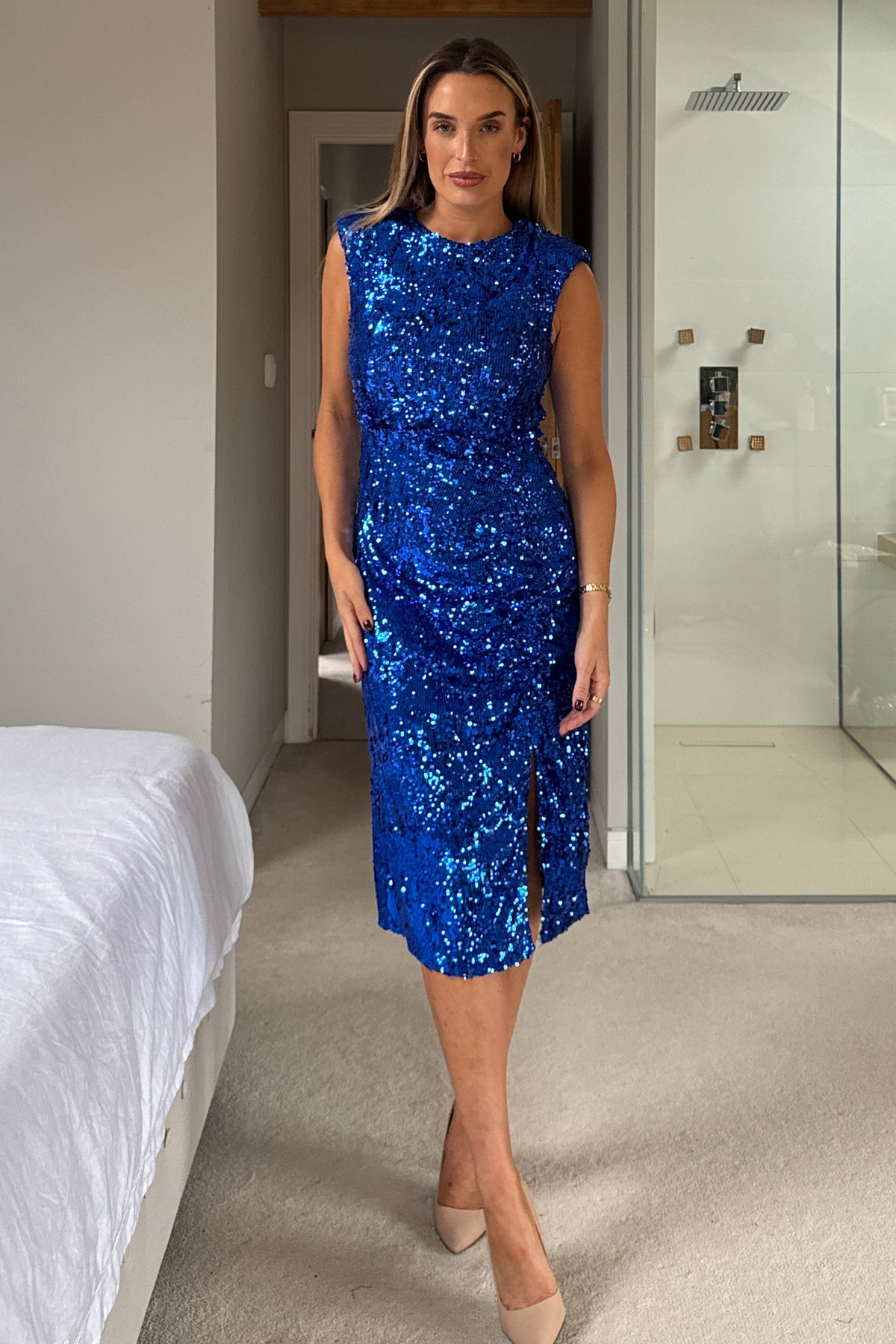 Estelle Cobalt Sequin Ruched Midi Dress