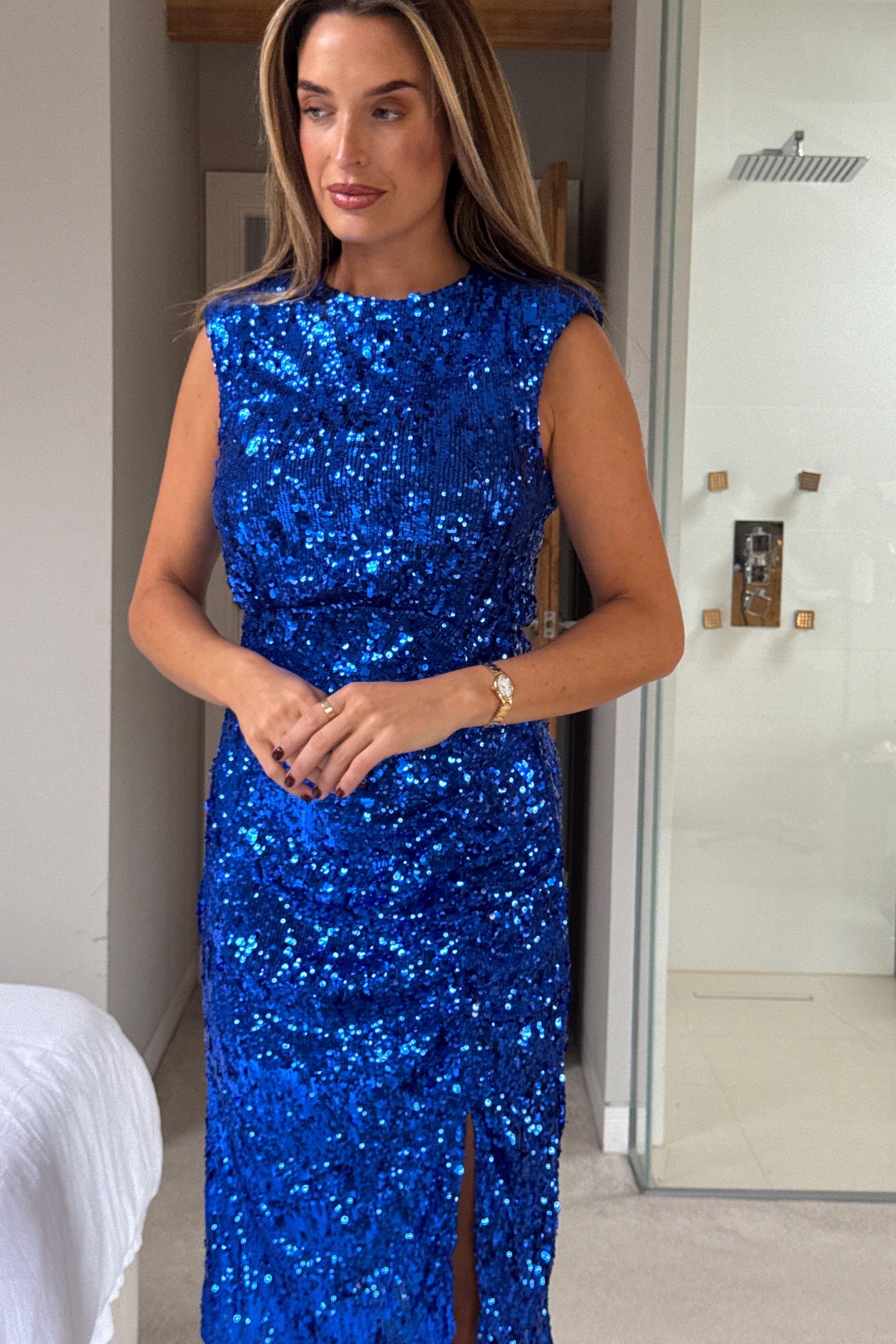 Estelle Cobalt Sequin Ruched Midi Dress