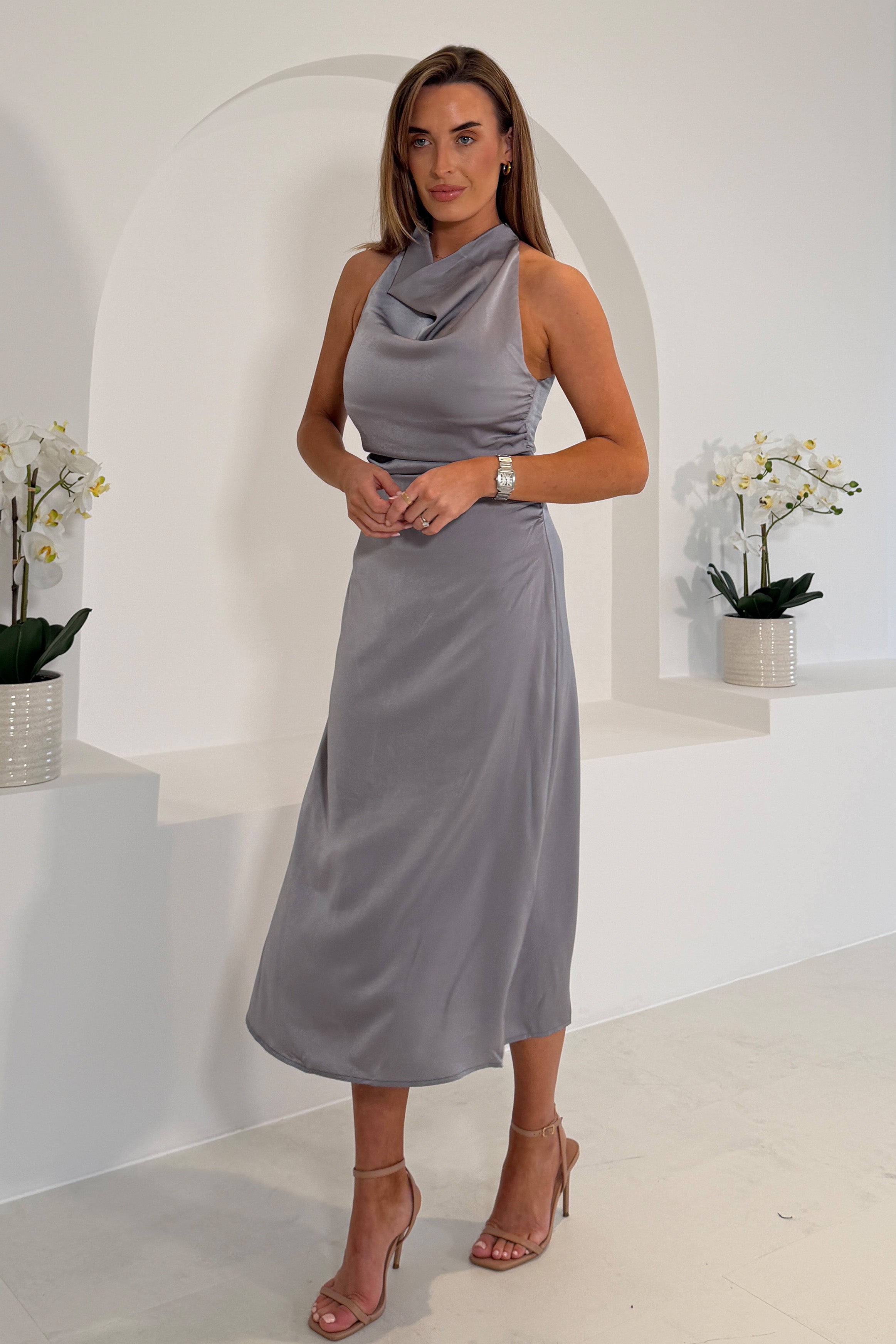 Kaz Cowl Neck Grey Midi Dress