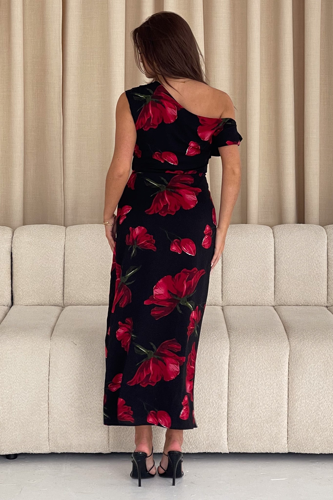 Ariana Asymmetric Red Floral Midi Dress
