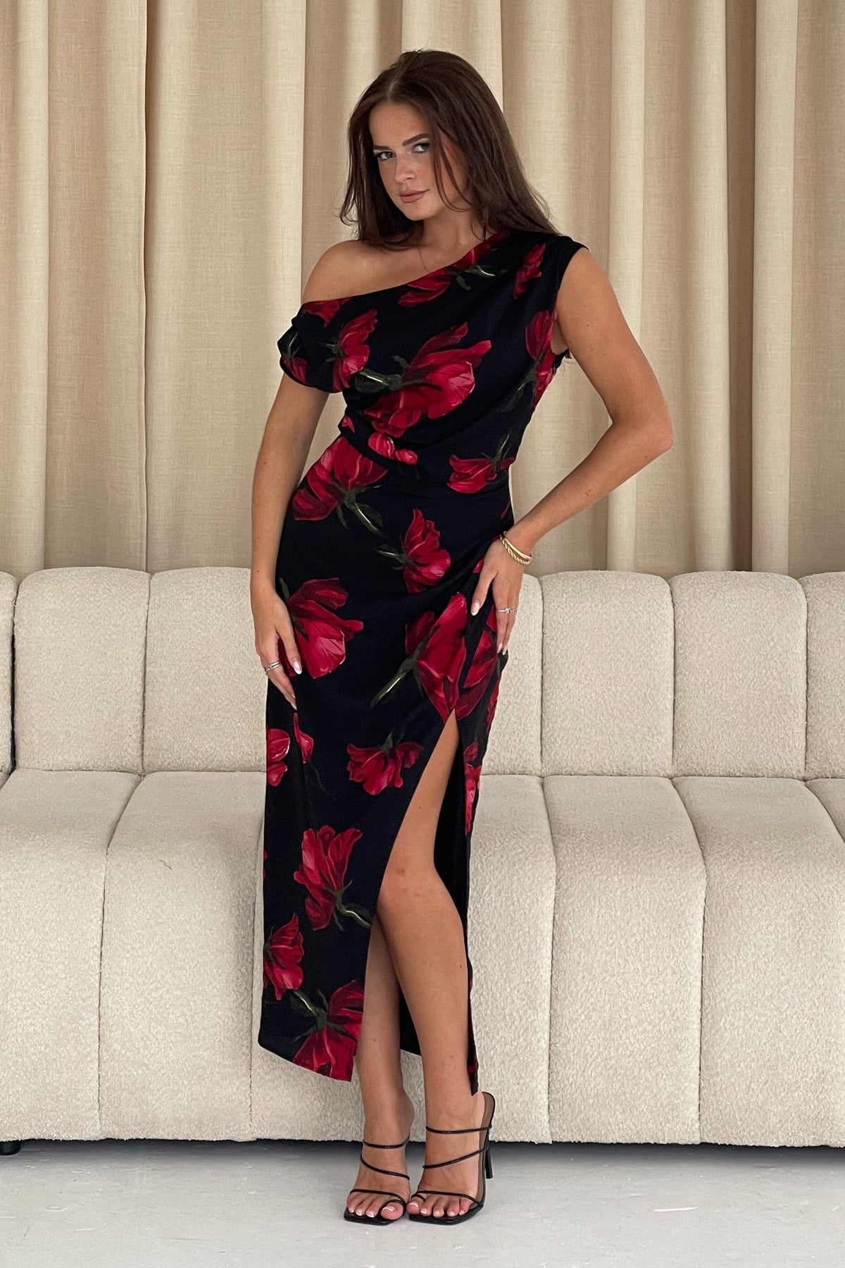 Ariana Asymmetric Red Floral Midi Dress