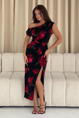 Ariana Asymmetric Red Floral Midi Dress