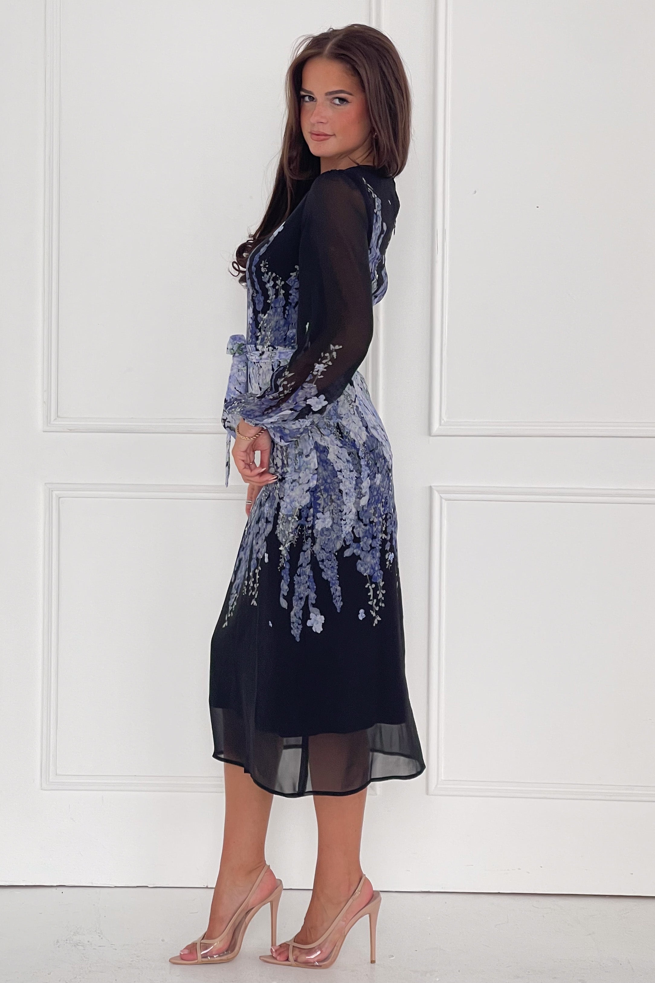 Harlow Purple Floral Belted Long Sleeve Midi Dress