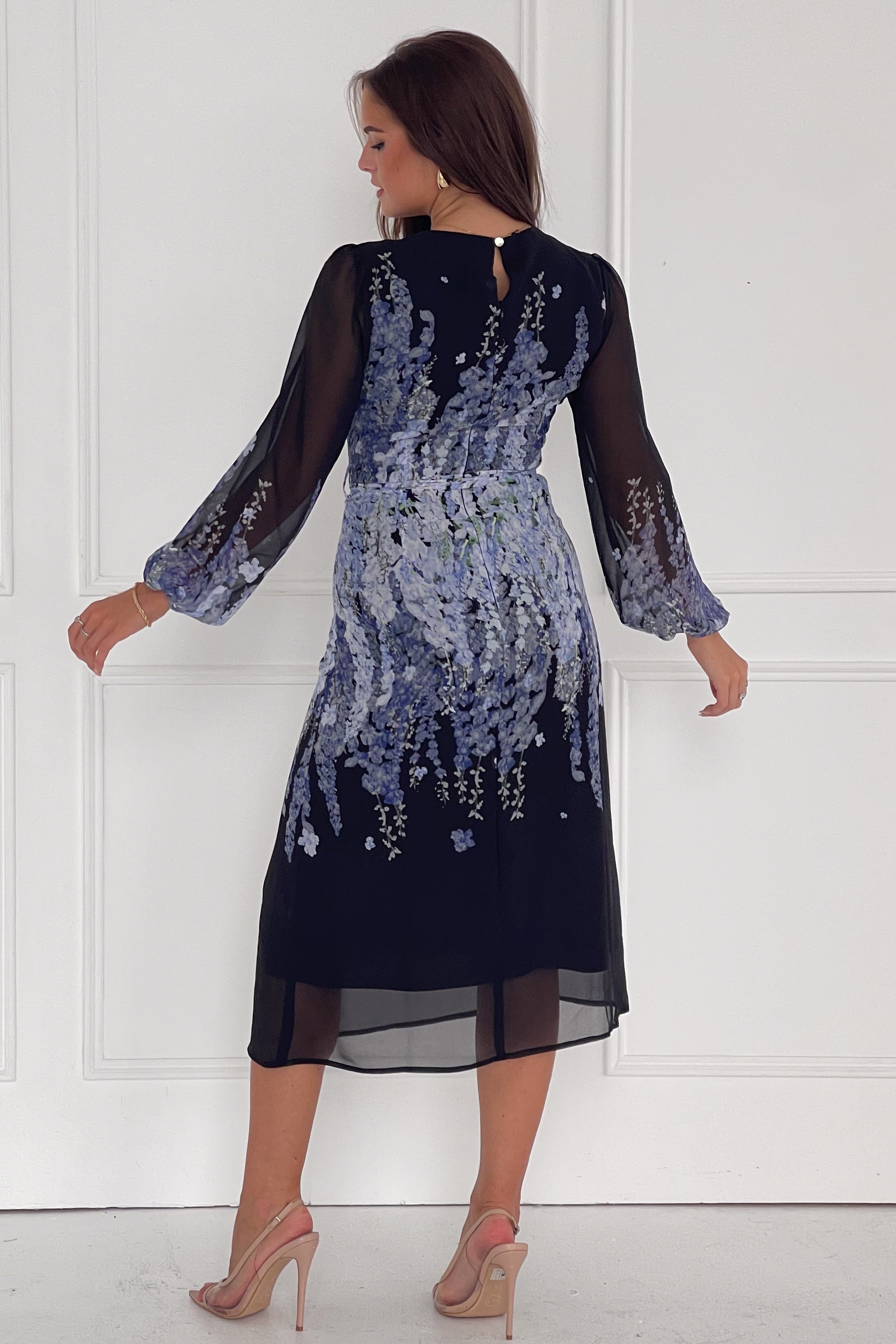 Harlow Purple Floral Belted Long Sleeve Midi Dress