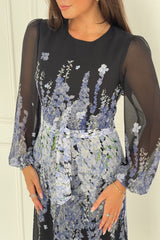Harlow Purple Floral Belted Long Sleeve Midi Dress