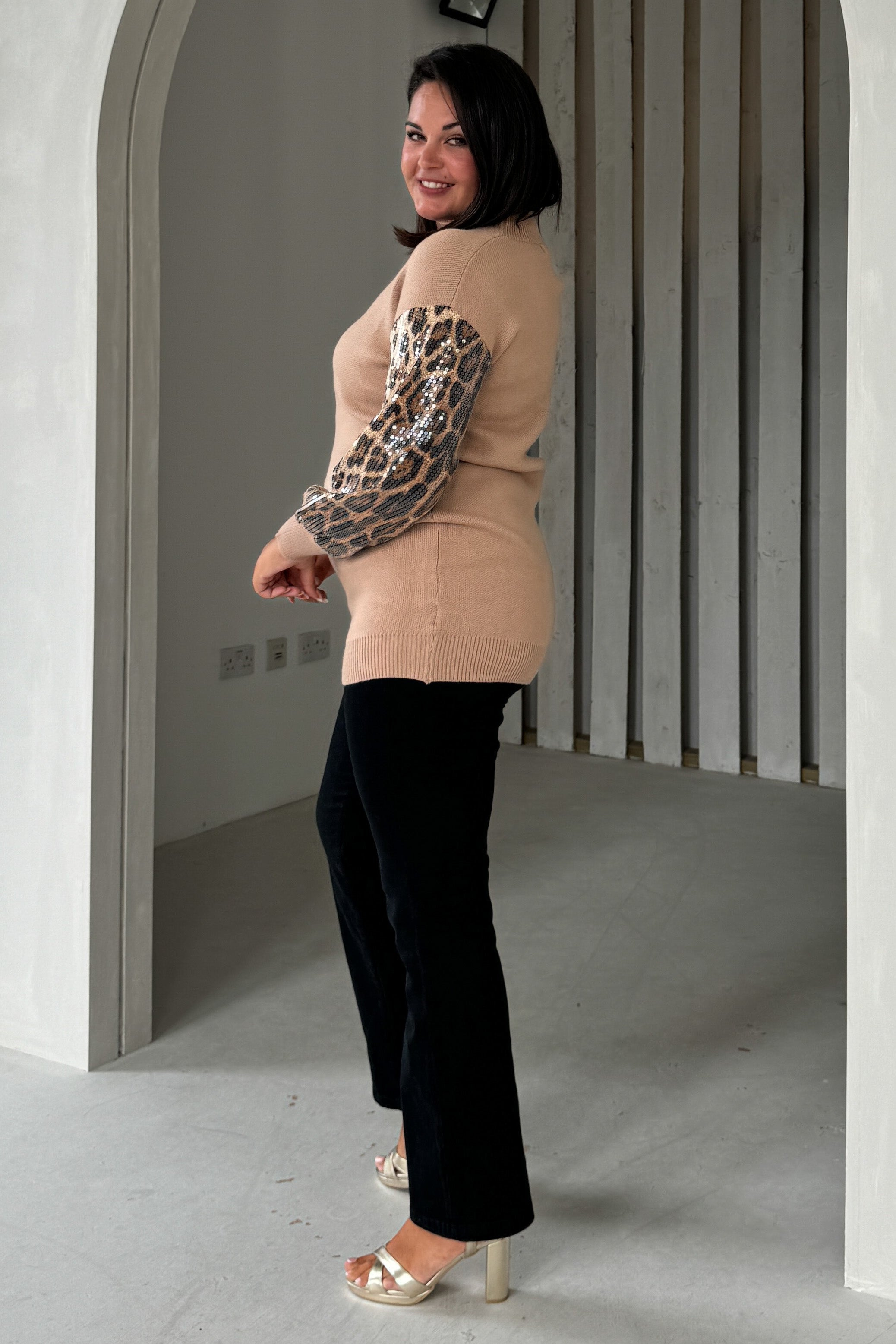 Inez Camel Knit Sequin Leopard Sleeve Jumper Dress