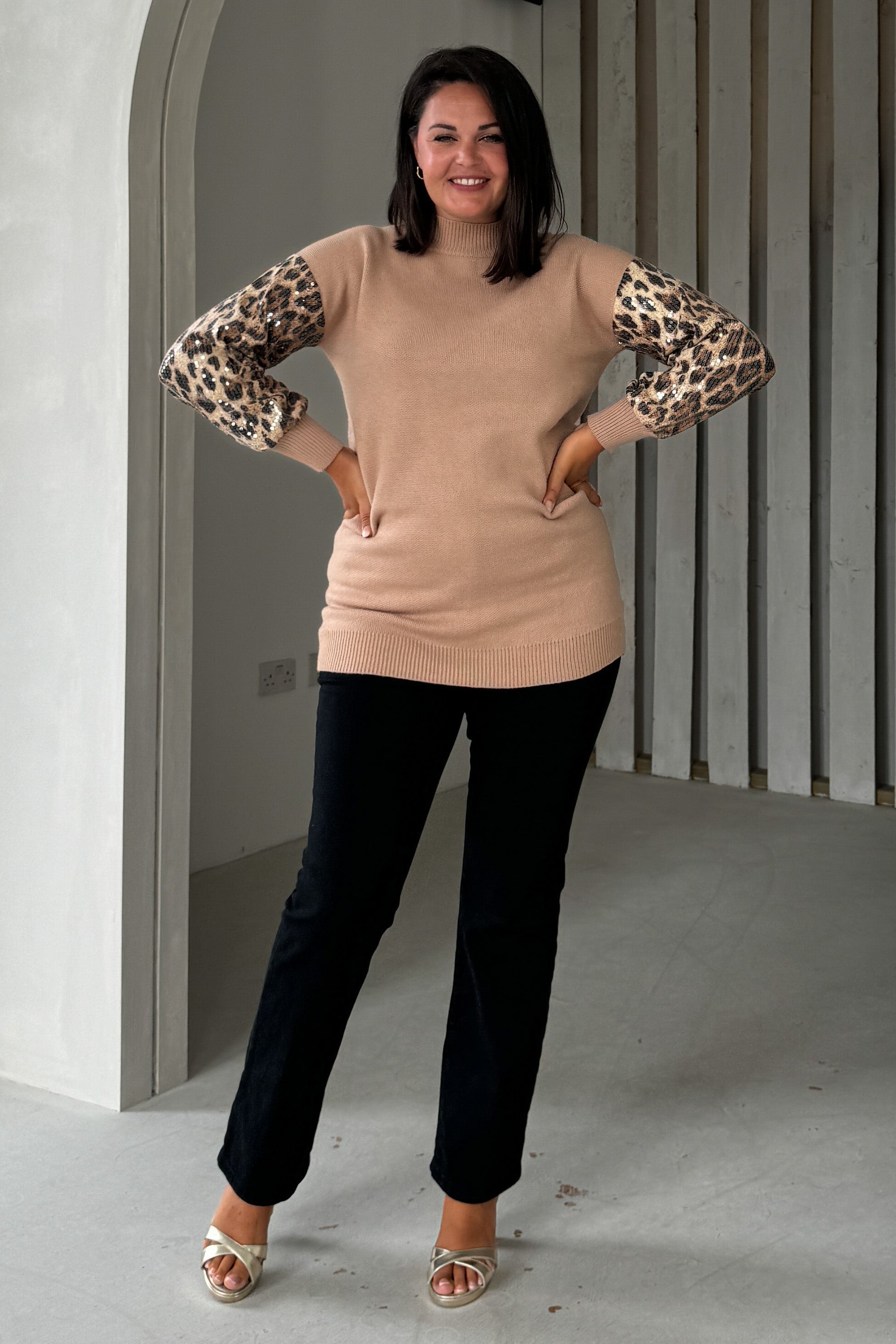 Inez Camel Knit Sequin Leopard Sleeve Jumper Dress