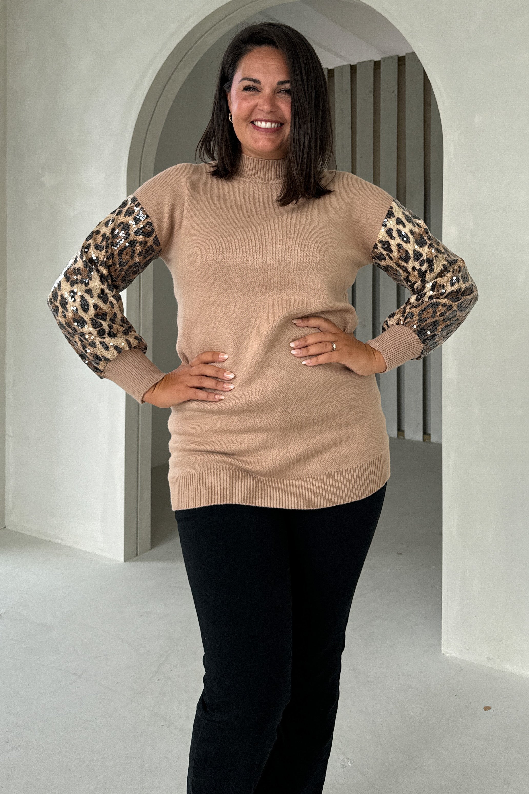 Inez Camel Knit Sequin Leopard Sleeve Jumper Dress