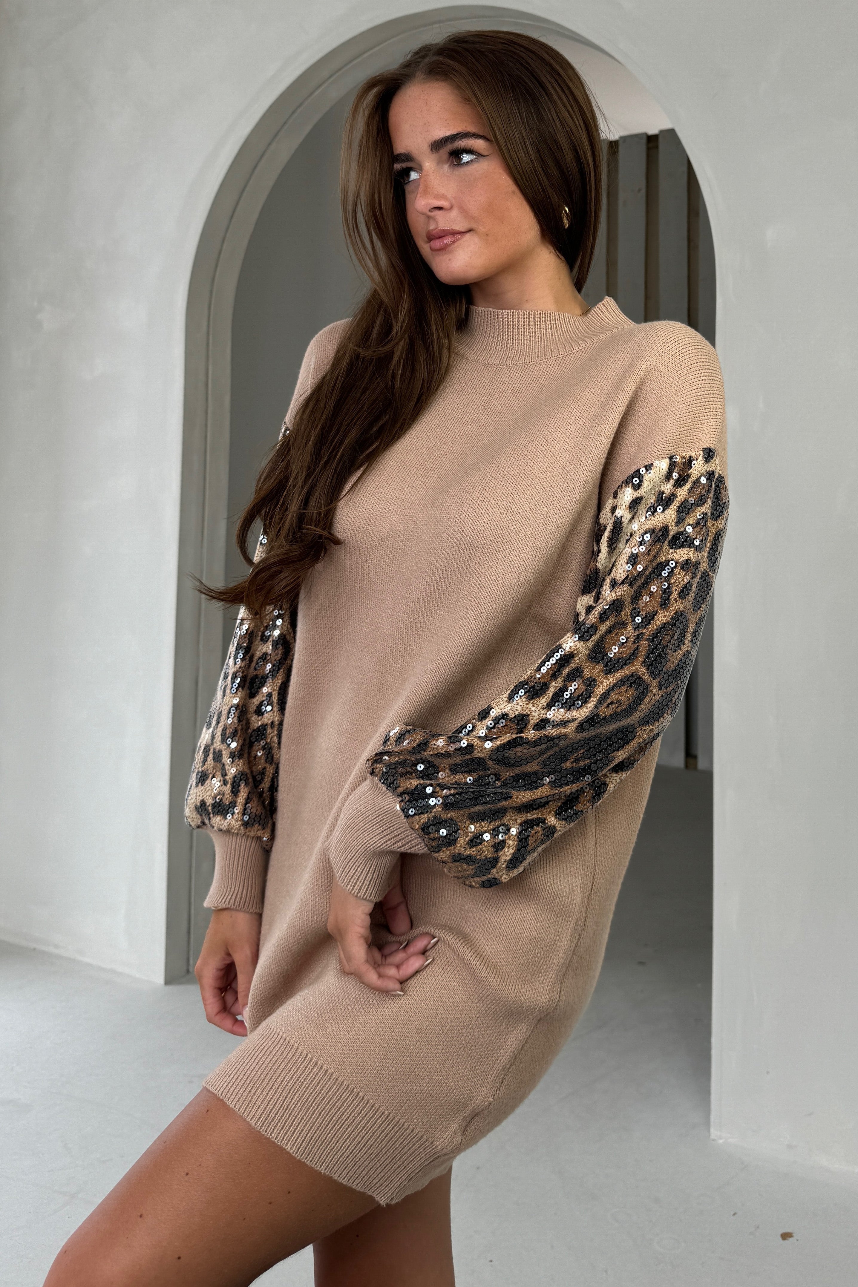 Inez Camel Knit Sequin Leopard Sleeve Jumper Dress