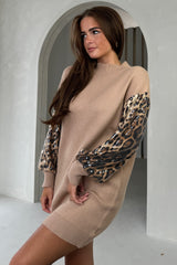Inez Camel Knit Sequin Leopard Sleeve Jumper Dress