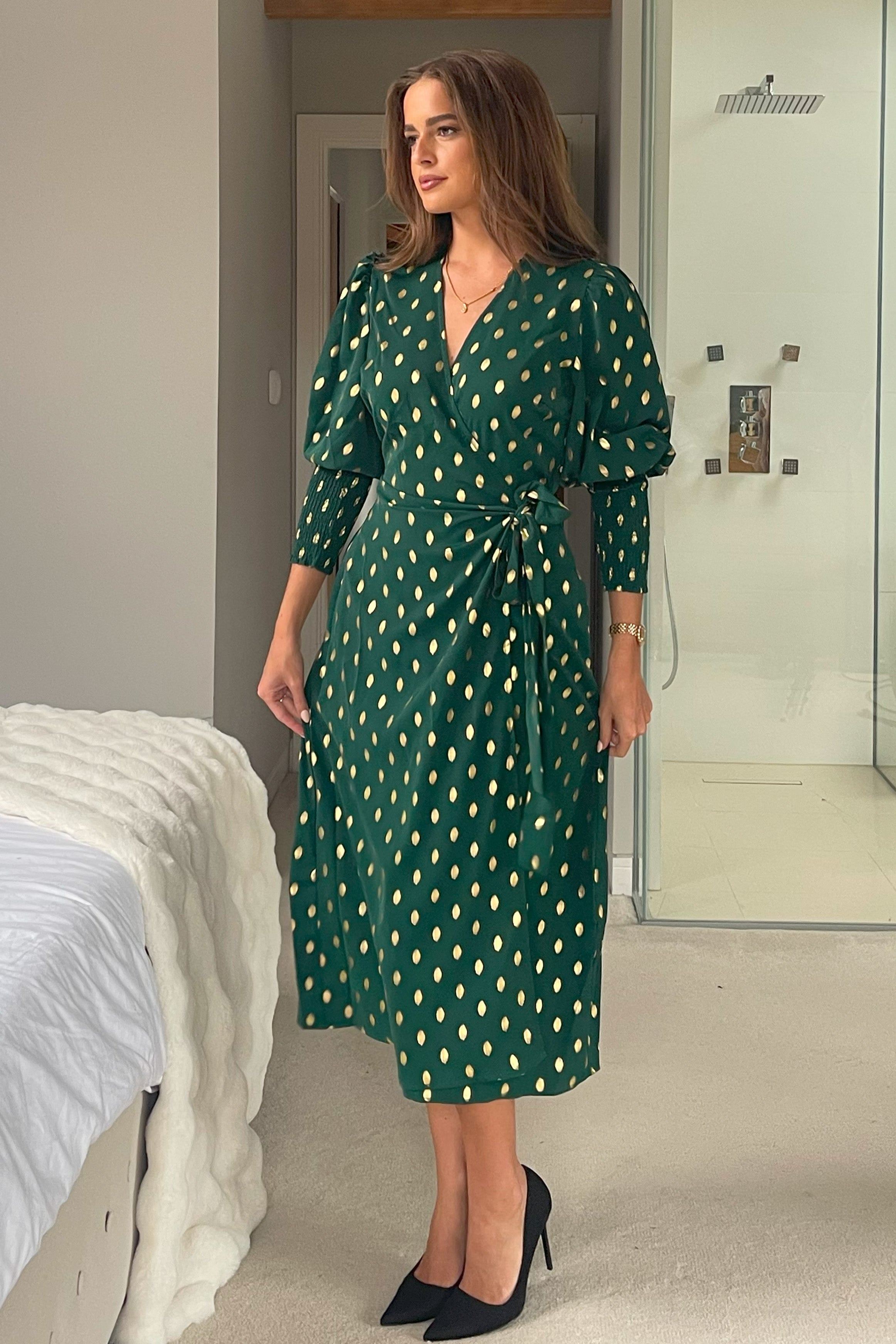Devina Shirred Cuff Wrap Dress in Green And Gold Foil