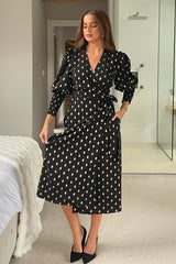 Devina Shirred Cuff Wrap Dress In Black And Gold Foil
