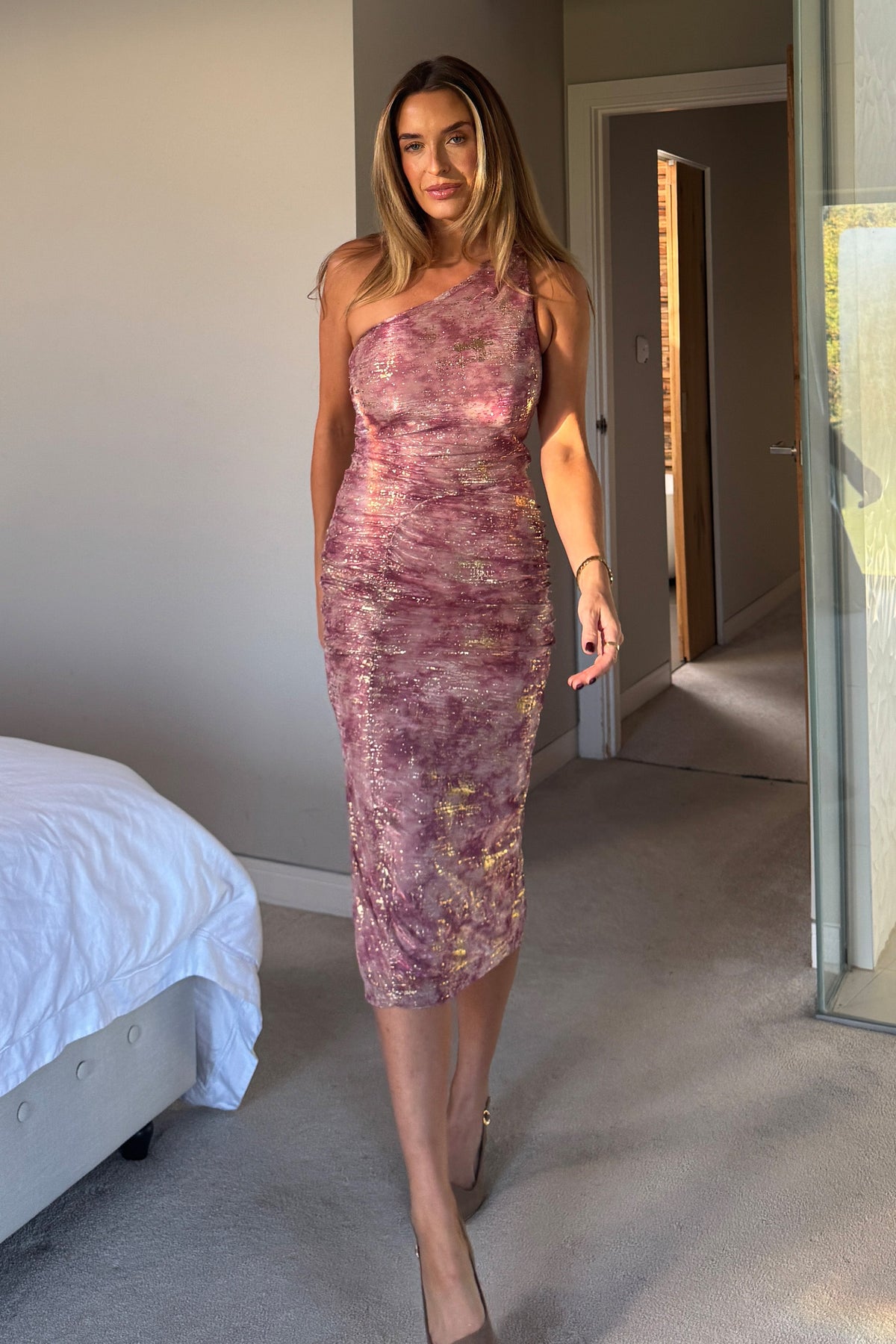 Kally Pink Foil Print One Shoulder Midi Dress