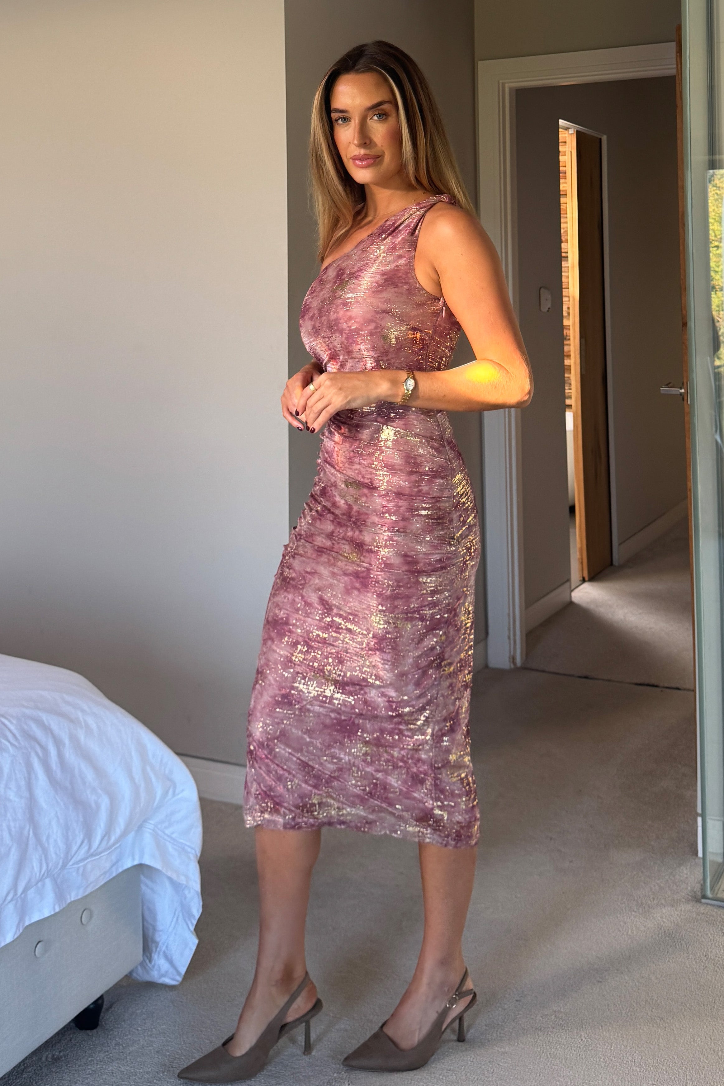 Kally Pink Foil Print One Shoulder Midi Dress