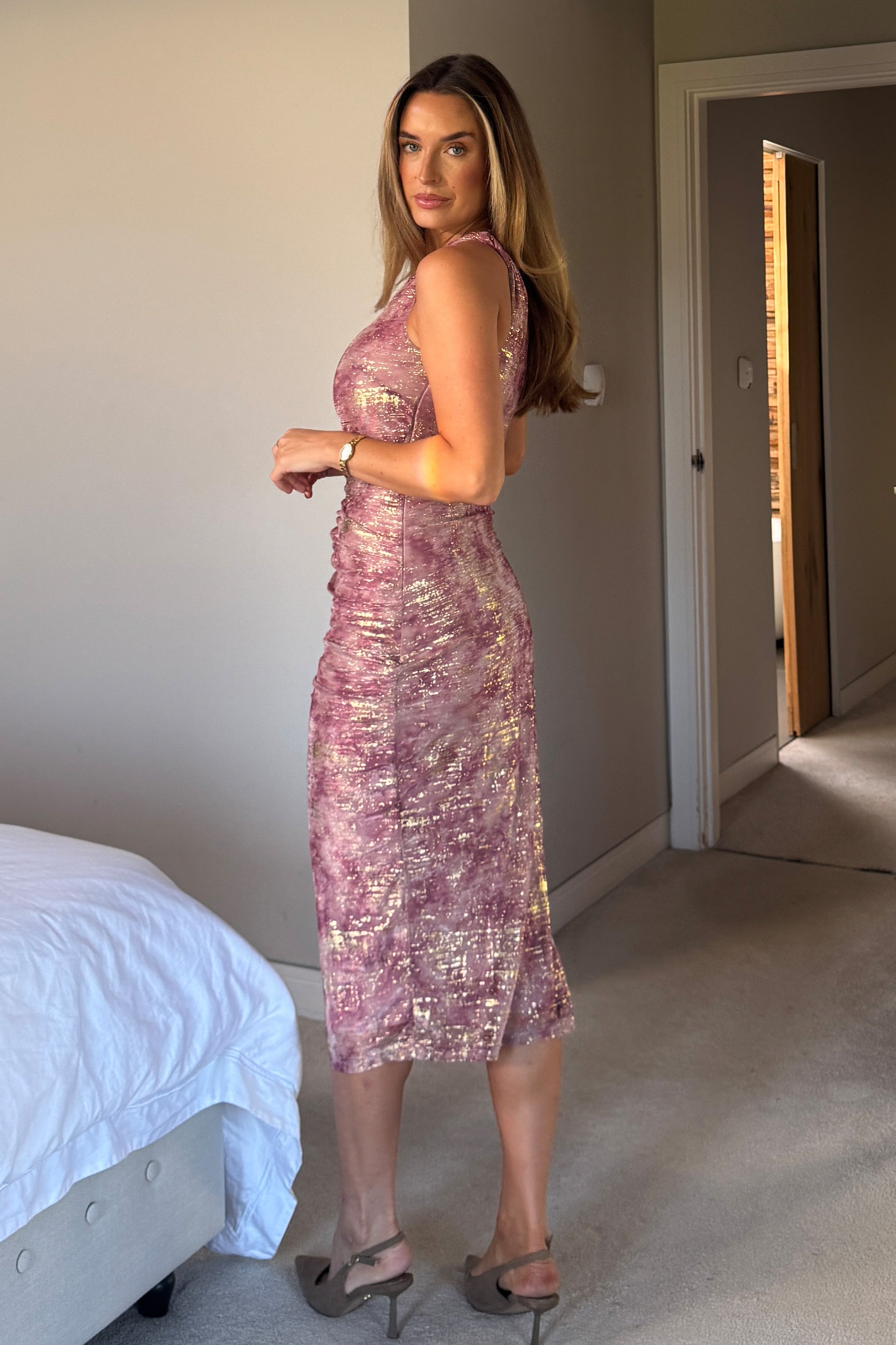 Kally Pink Foil Print One Shoulder Midi Dress