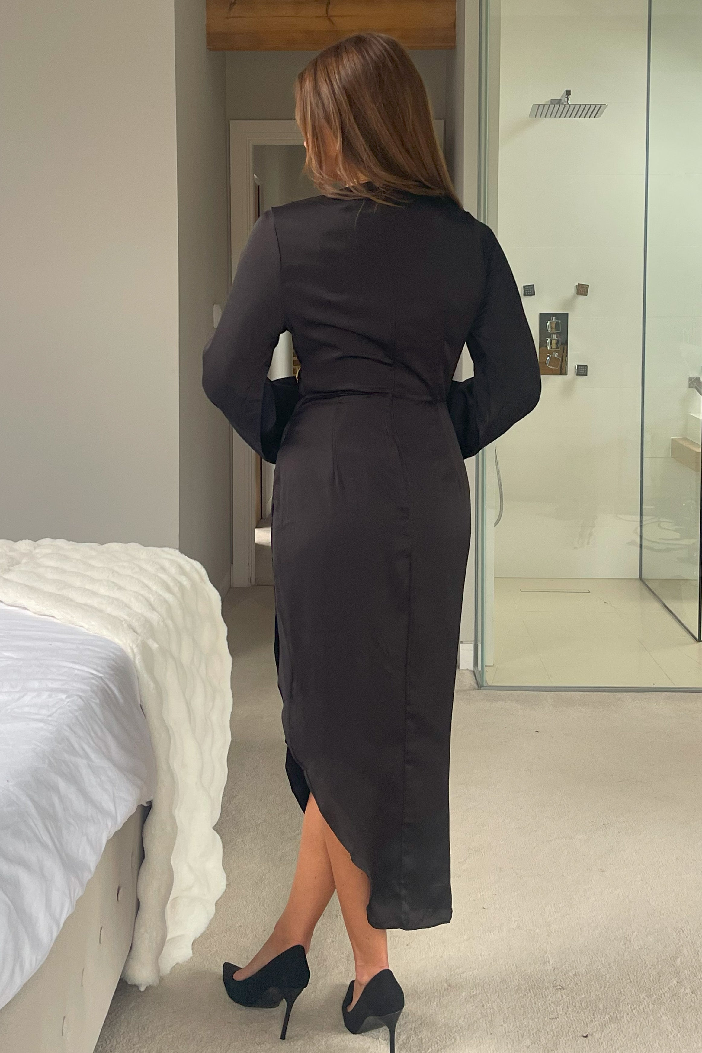 Elsa Gold Buckle Long Sleeve Asymmetric Dress Black