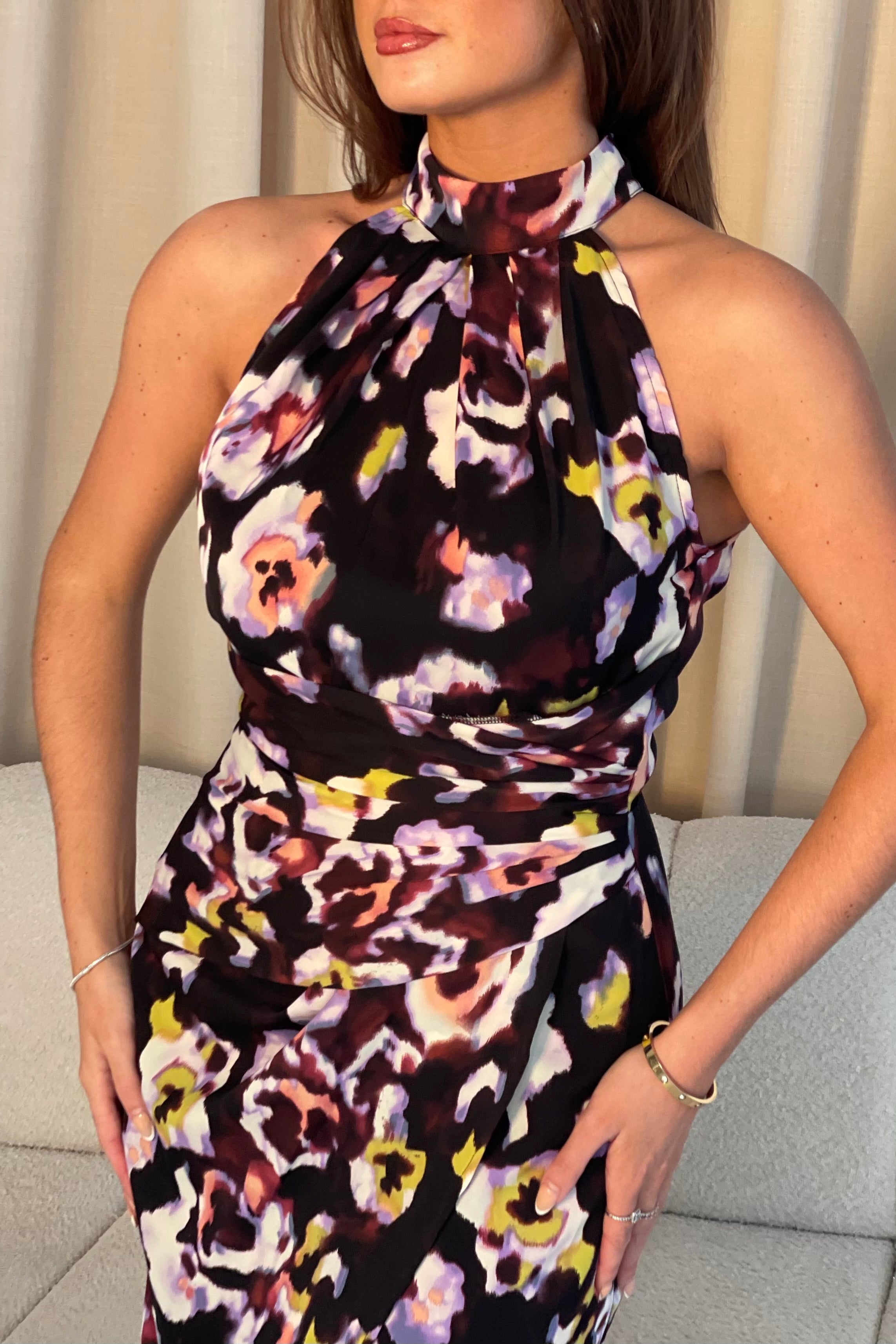 Alessia Halterneck Wrap Detail Midi Dress Floral