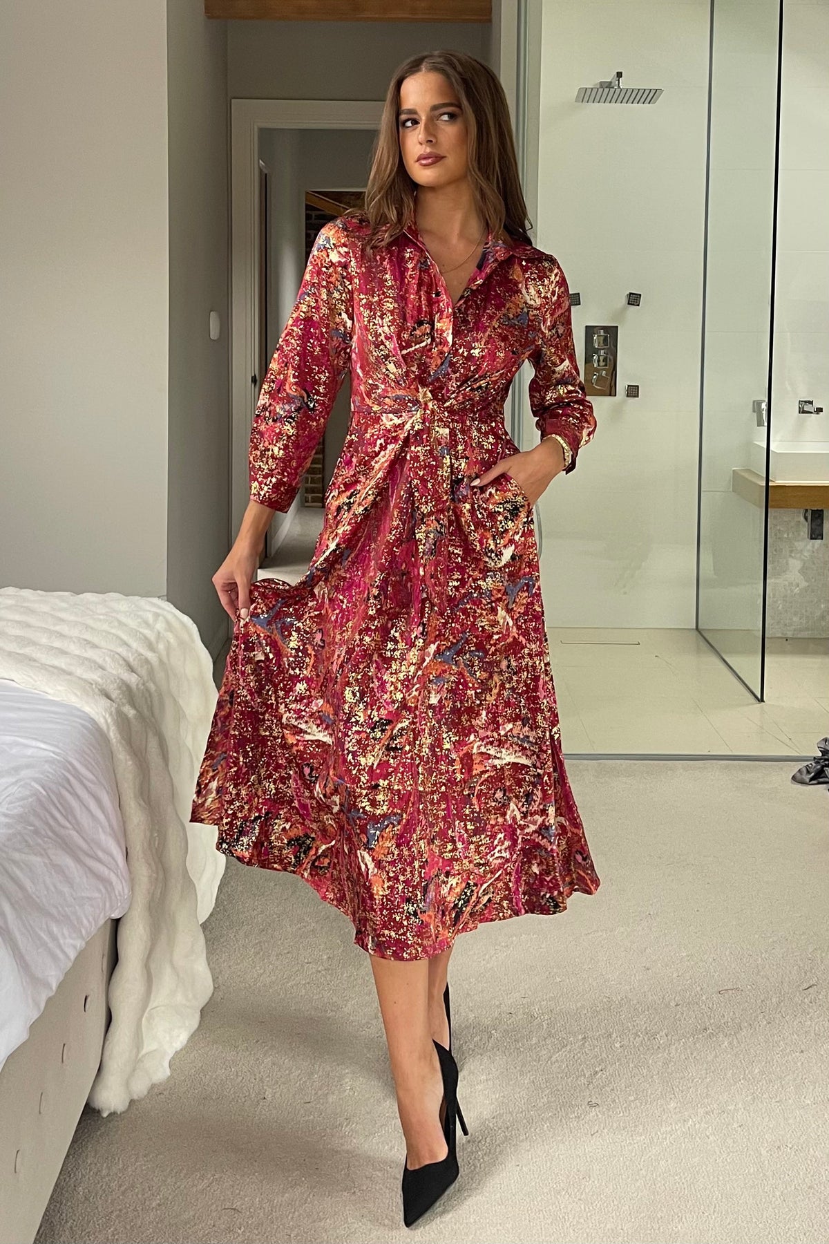 Isabella Foiled Print Tie Front Midi Dress Pink