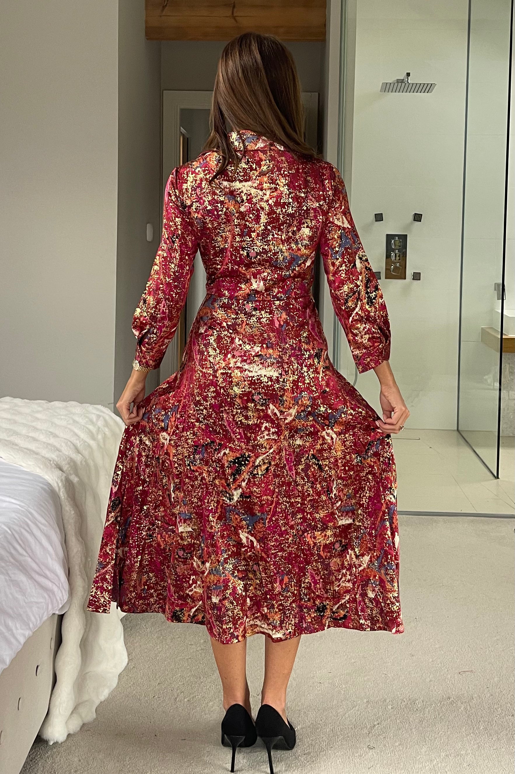 Isabella Foiled Print Tie Front Midi Dress Pink