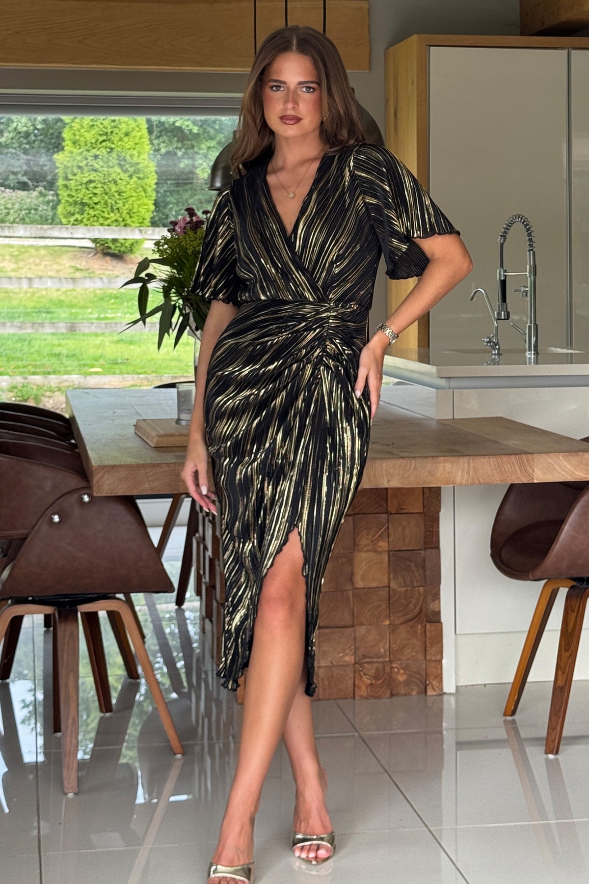 Isla Black and Gold Plisse Wrap Front Midi Dress