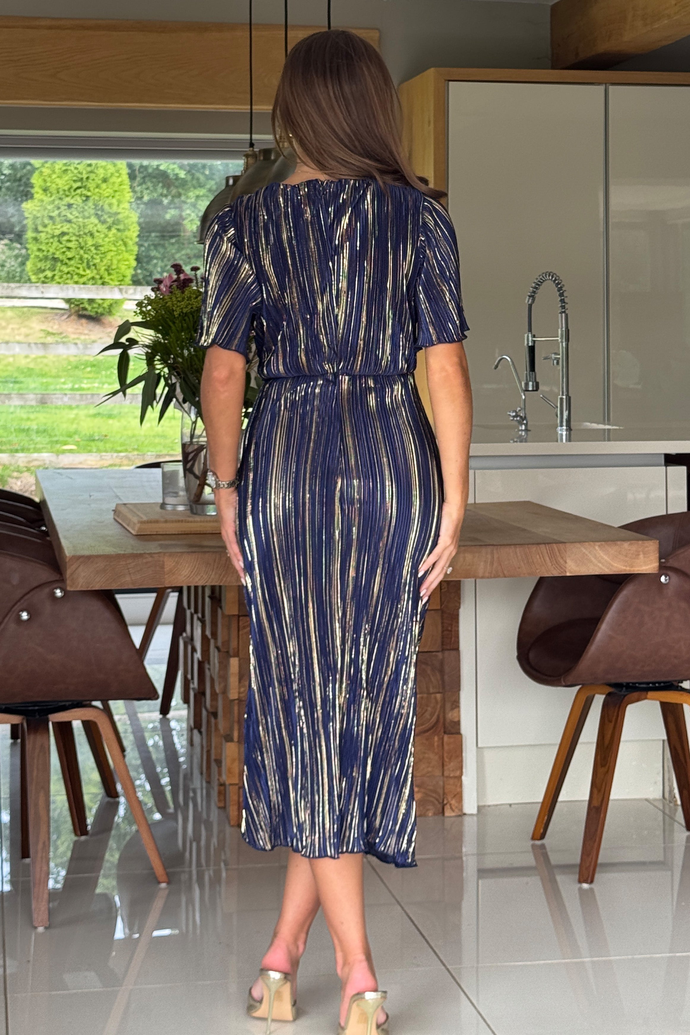 Isla Navy And Gold Plisse Wrap Front Dress