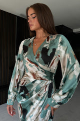 Elsa Green Marble Long Sleeve Asymmetric Midi Dress