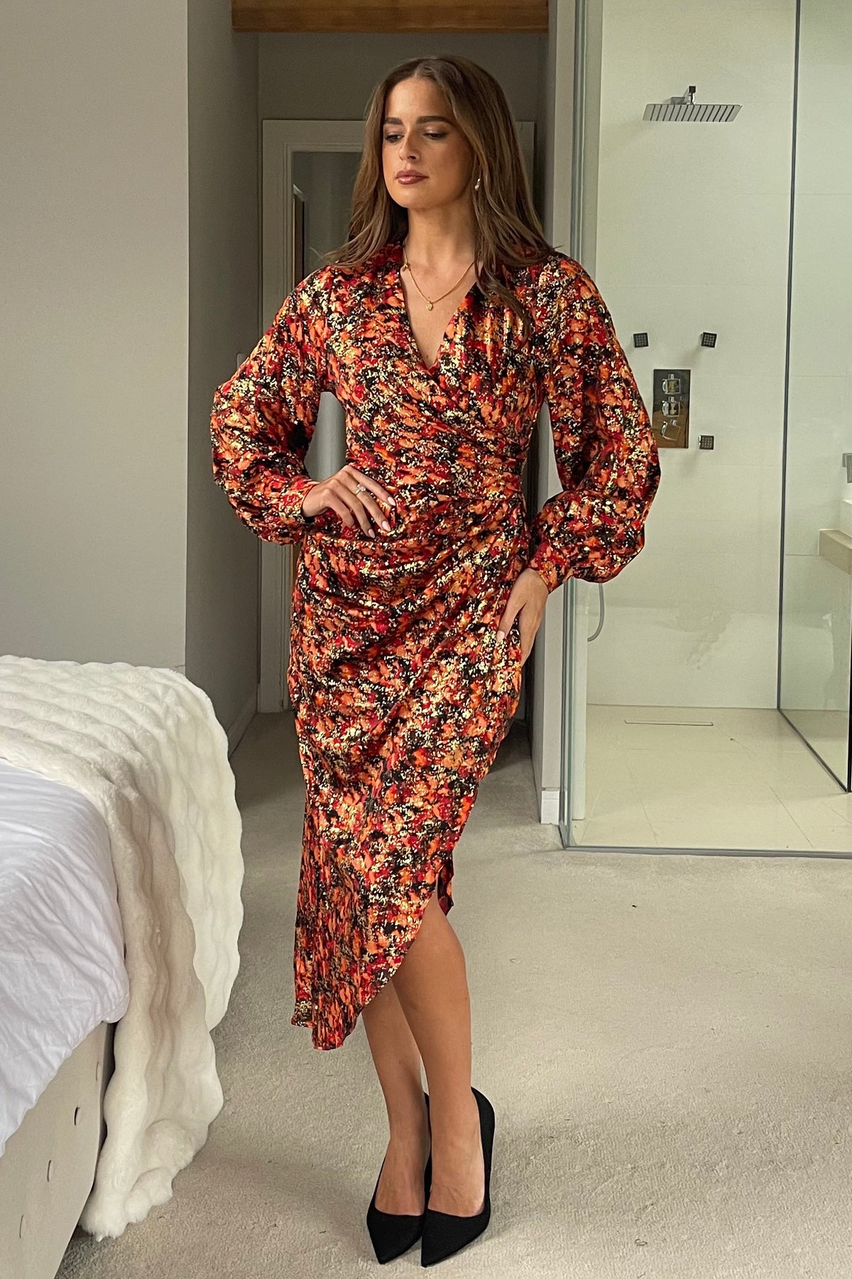 Elsa Foiled Print Long Sleeve Assymetric Midi Dress