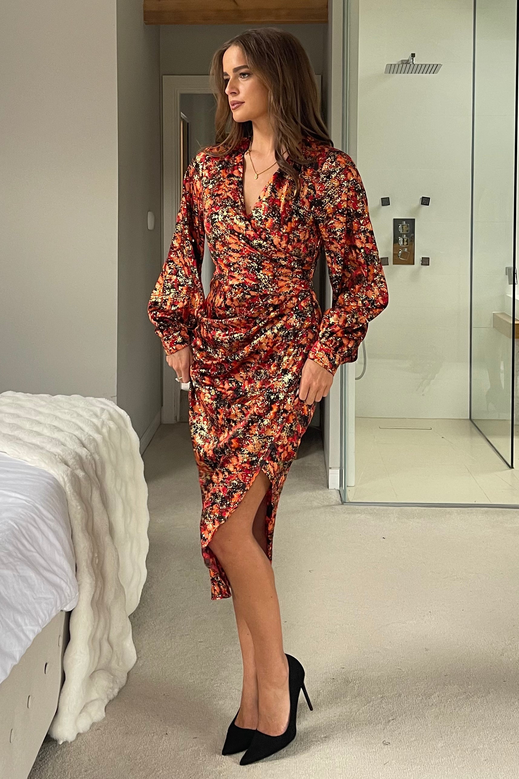 Elsa Foiled Print Long Sleeve Assymetric Midi Dress