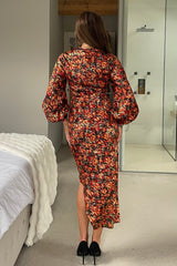 Elsa Foiled Print Long Sleeve Assymetric Midi Dress