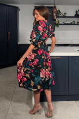 Holland Black & Pink Floral Collar Midi Dress