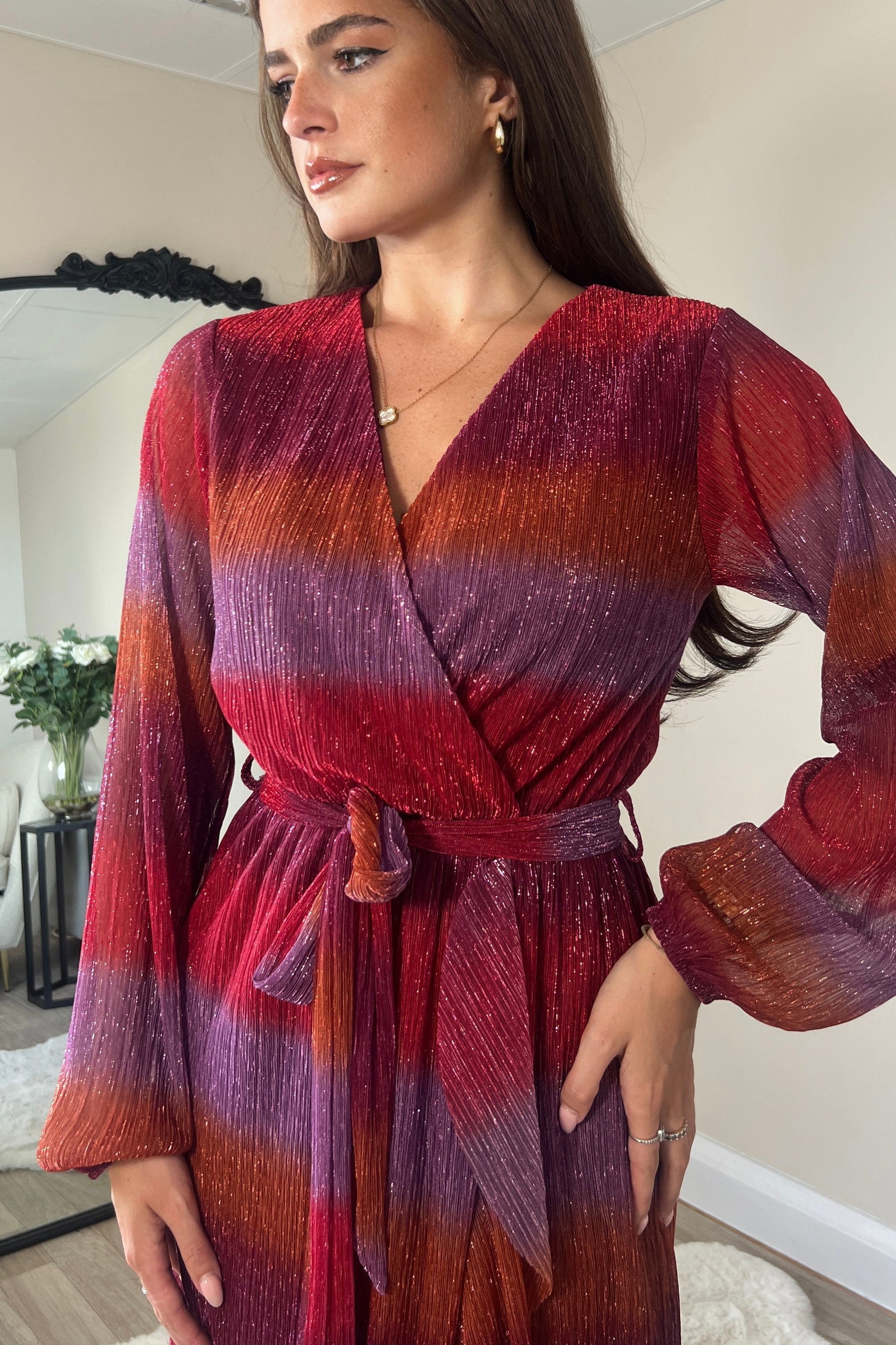 Erin Multi Shimmer Split Hem Frill Detail Maxi Dress