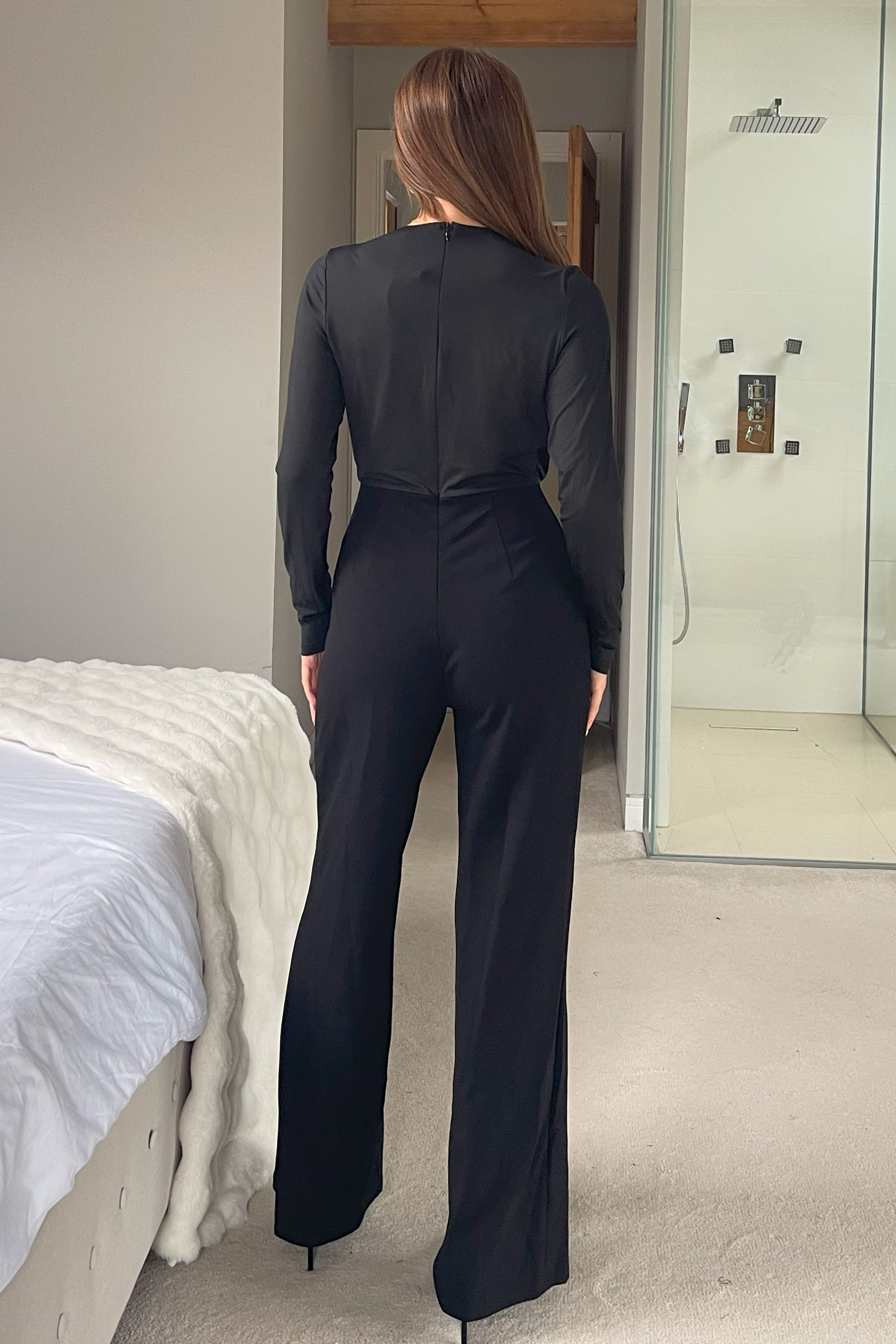 Giselle Cowl Neck Long Sleeve Jumpsuit In Black
