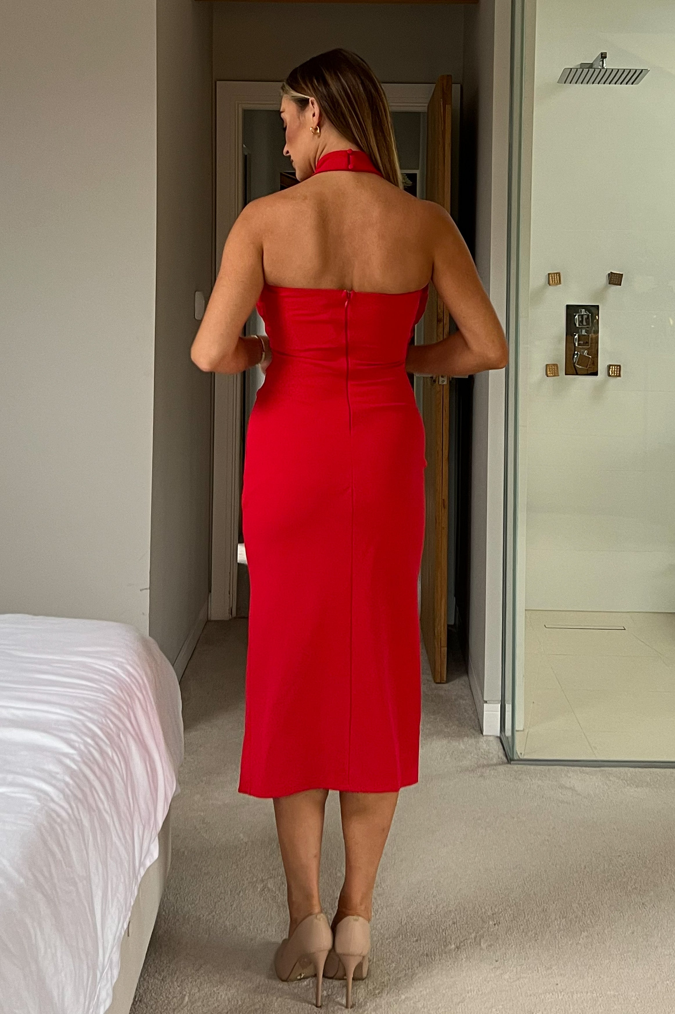 Bessie Halter Neck Side Split Midi Dress Bright Red