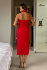 Bessie Halter Neck Side Split Midi Dress Bright Red